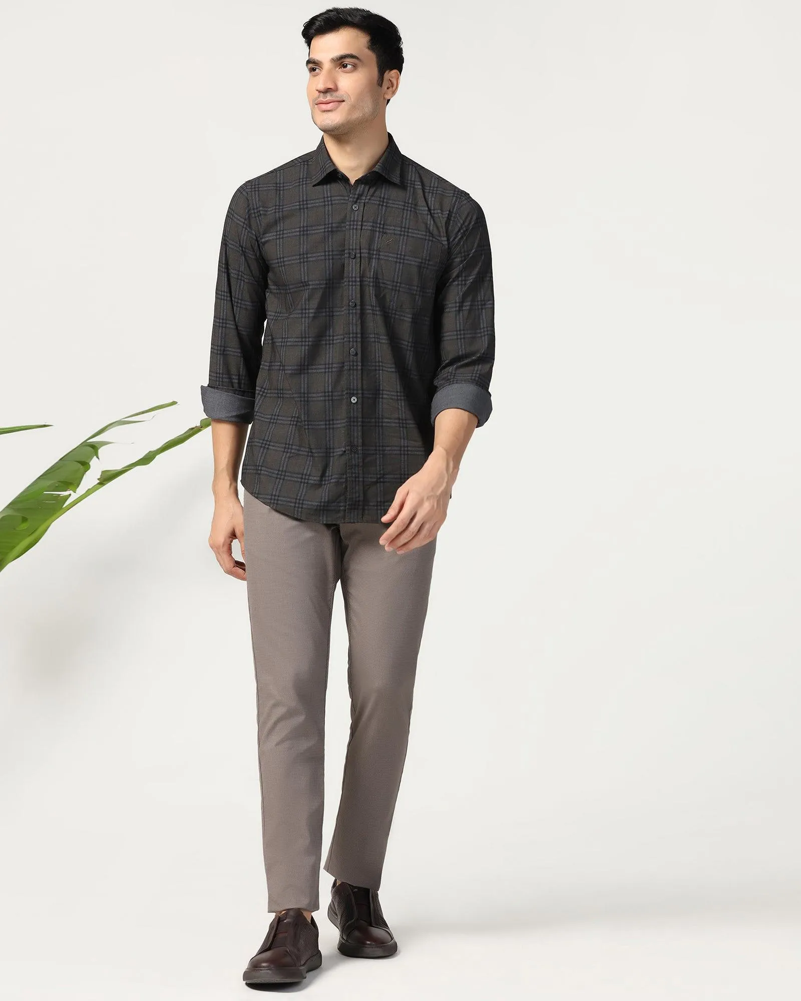 Casual Beige Check Shirt - Korio Waffle Weave