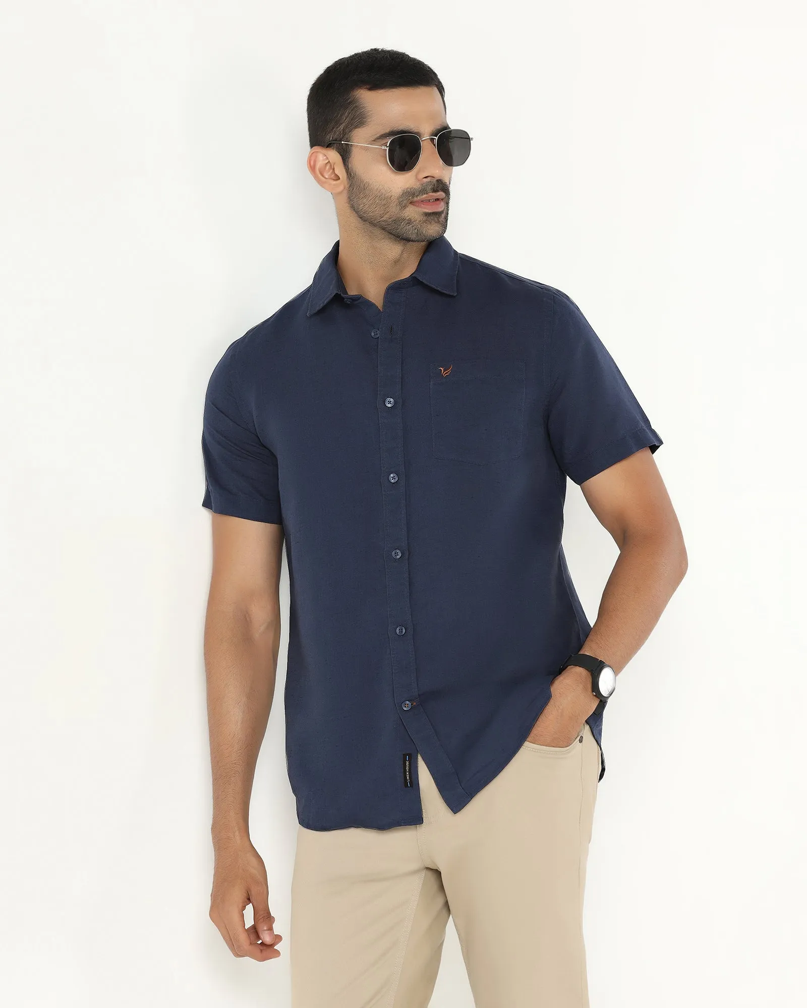 Blue Half Sleeve Linen Solid Shirt - Salmon Camouflage Style Embroidered Detail