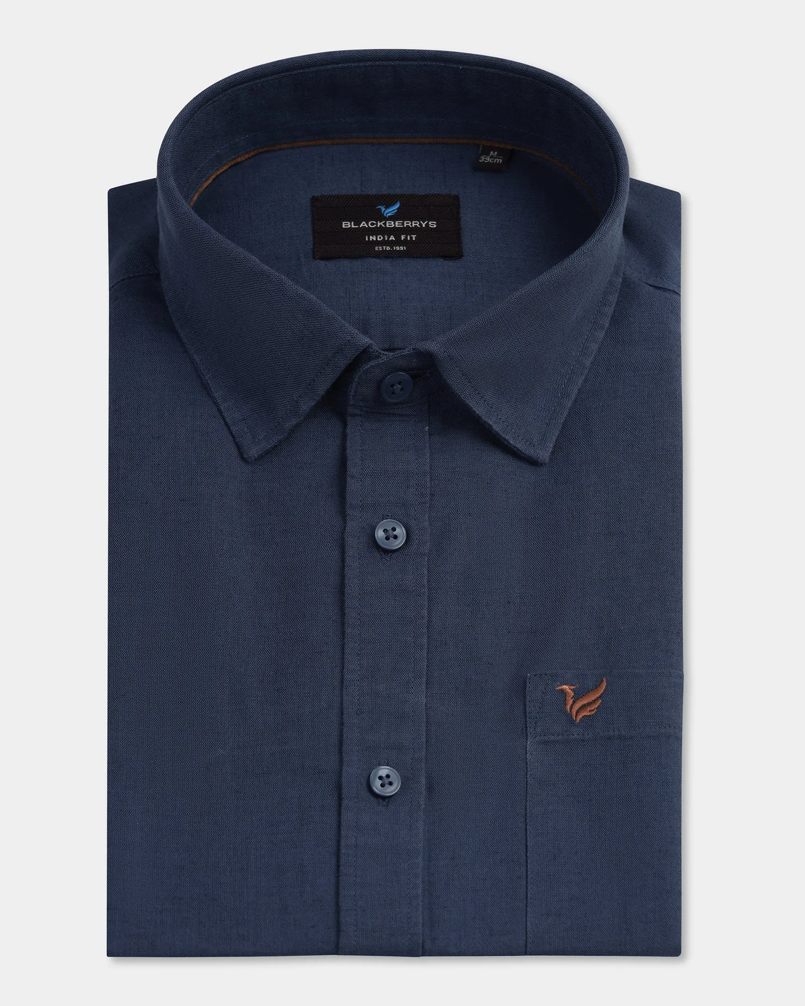 Blue Half Sleeve Linen Solid Shirt - Salmon Structured Shoulder Support Wrinkle-Resistant