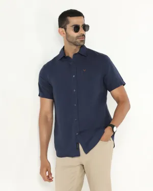 Blue Half Sleeve Linen Solid Shirt - Salmon Camouflage Style Embroidered Detail