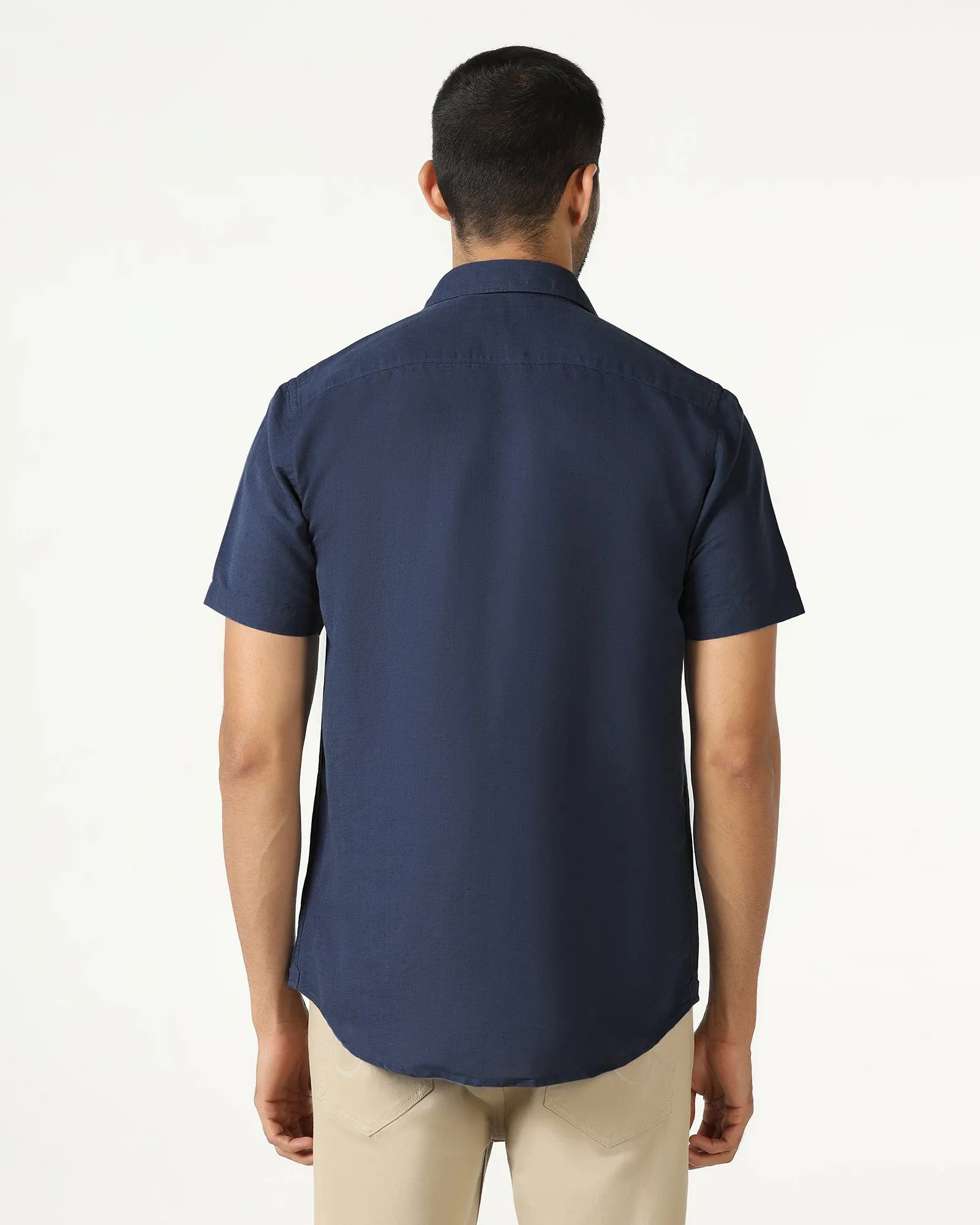 Blue Half Sleeve Linen Solid Shirt - Salmon Sheer Panel Double Needle Hemming