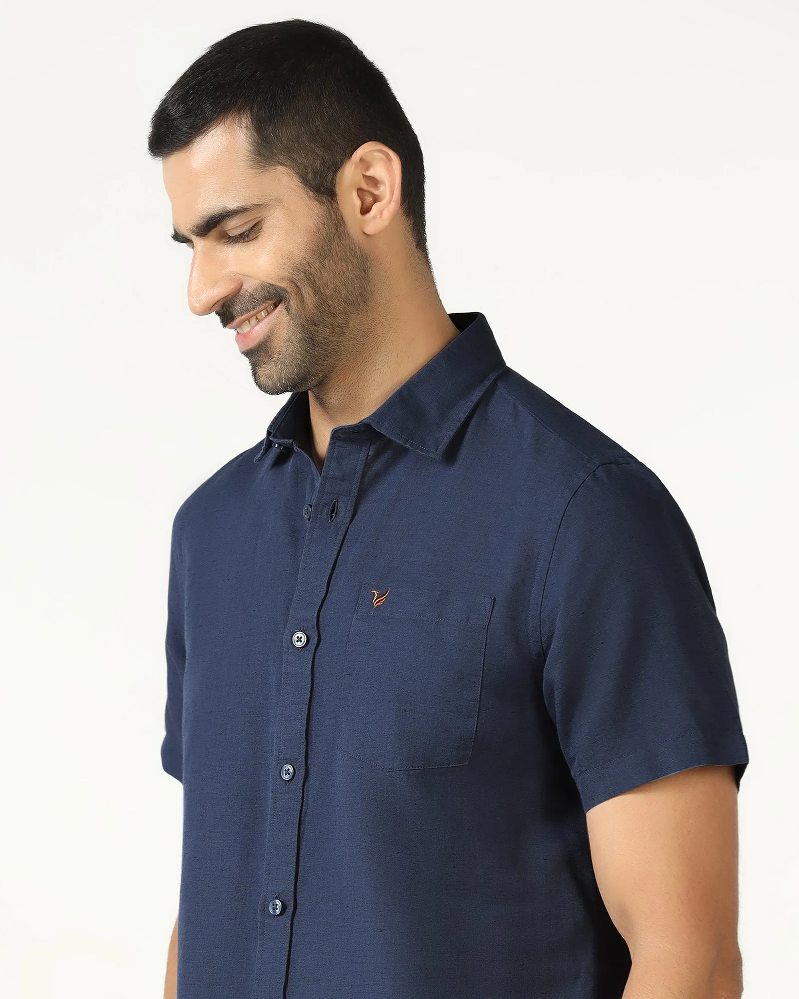 handmade touch Boho chic Blue Half Sleeve Linen Solid Shirt - Salmon