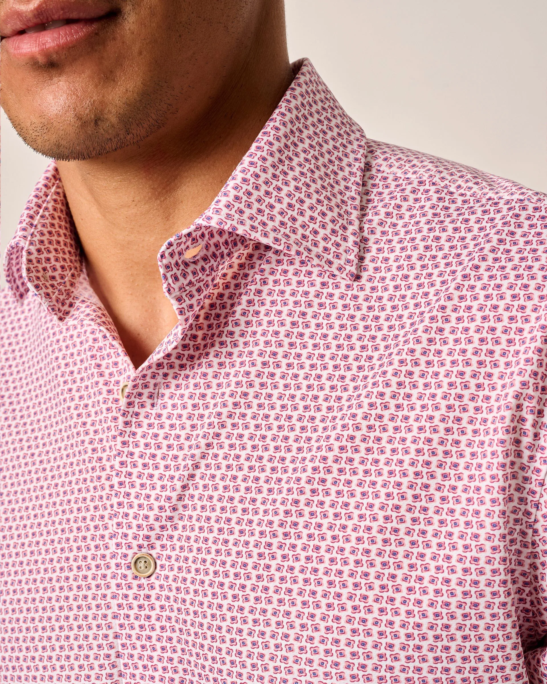 Caspian Short Sleeve Button-Up Lace Accent Functional Design