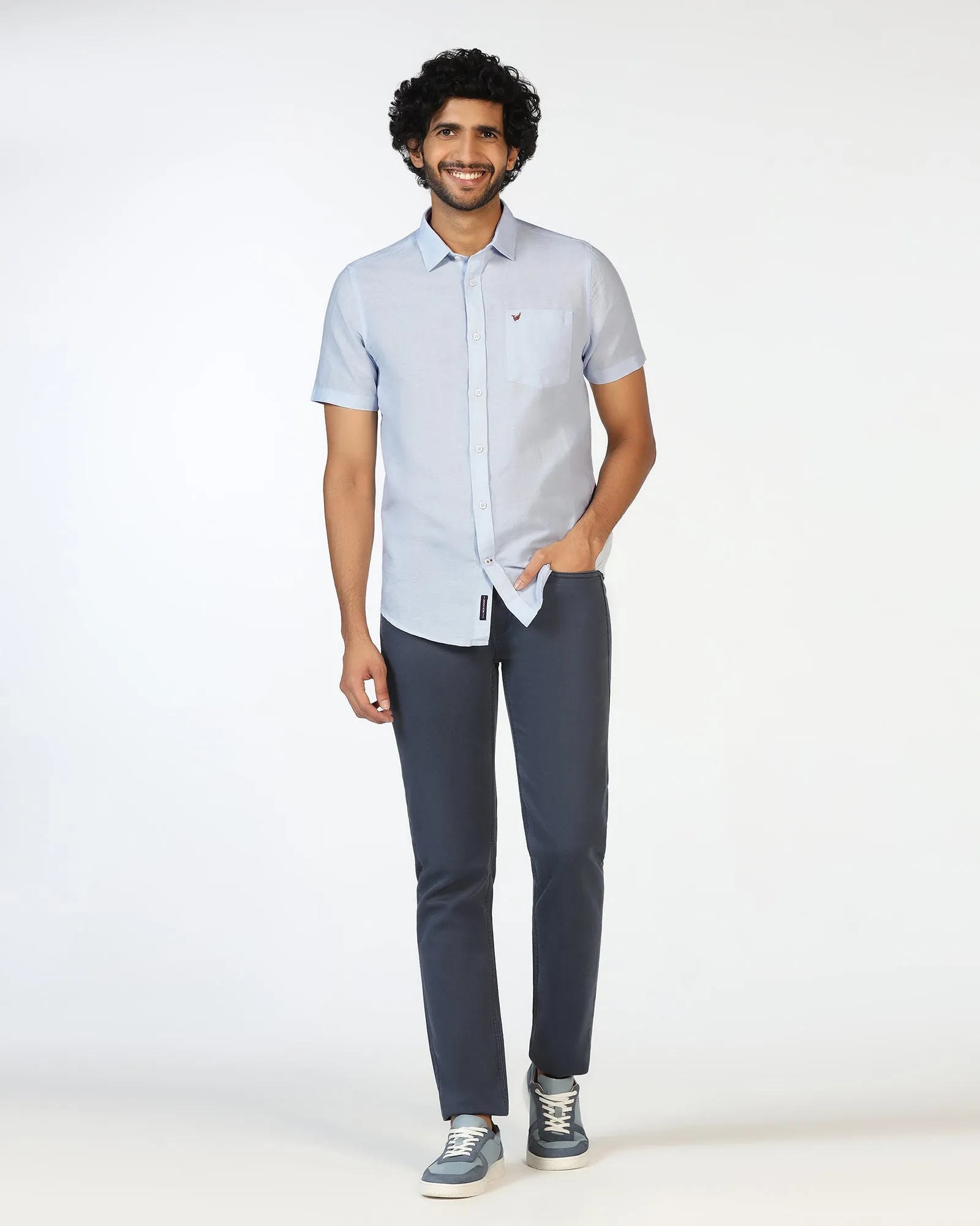 Soft Collar Design Pocket Detail Sky Blue Half Sleeve Linen Solid Shirt - Salmon