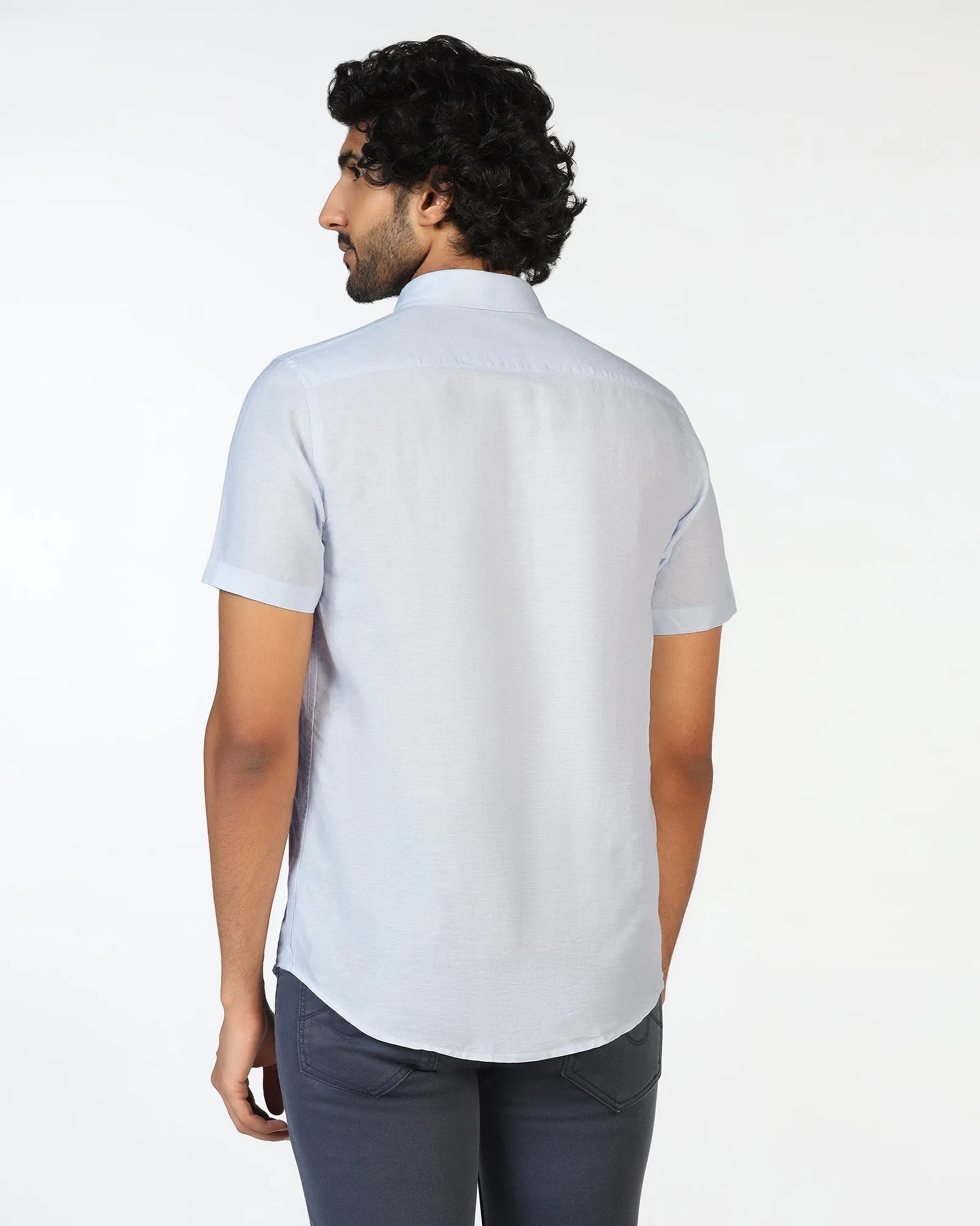 Sustainable Choice Sustainable Material Sky Blue Half Sleeve Linen Solid Shirt - Salmon