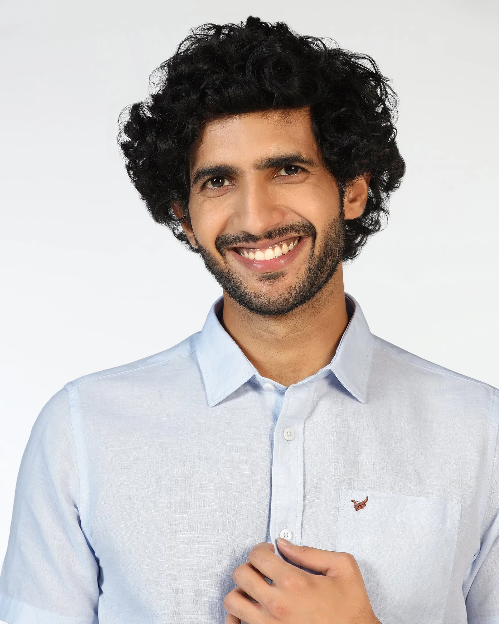 Minimalist Design Asymmetrical Cut Sky Blue Half Sleeve Linen Solid Shirt - Salmon