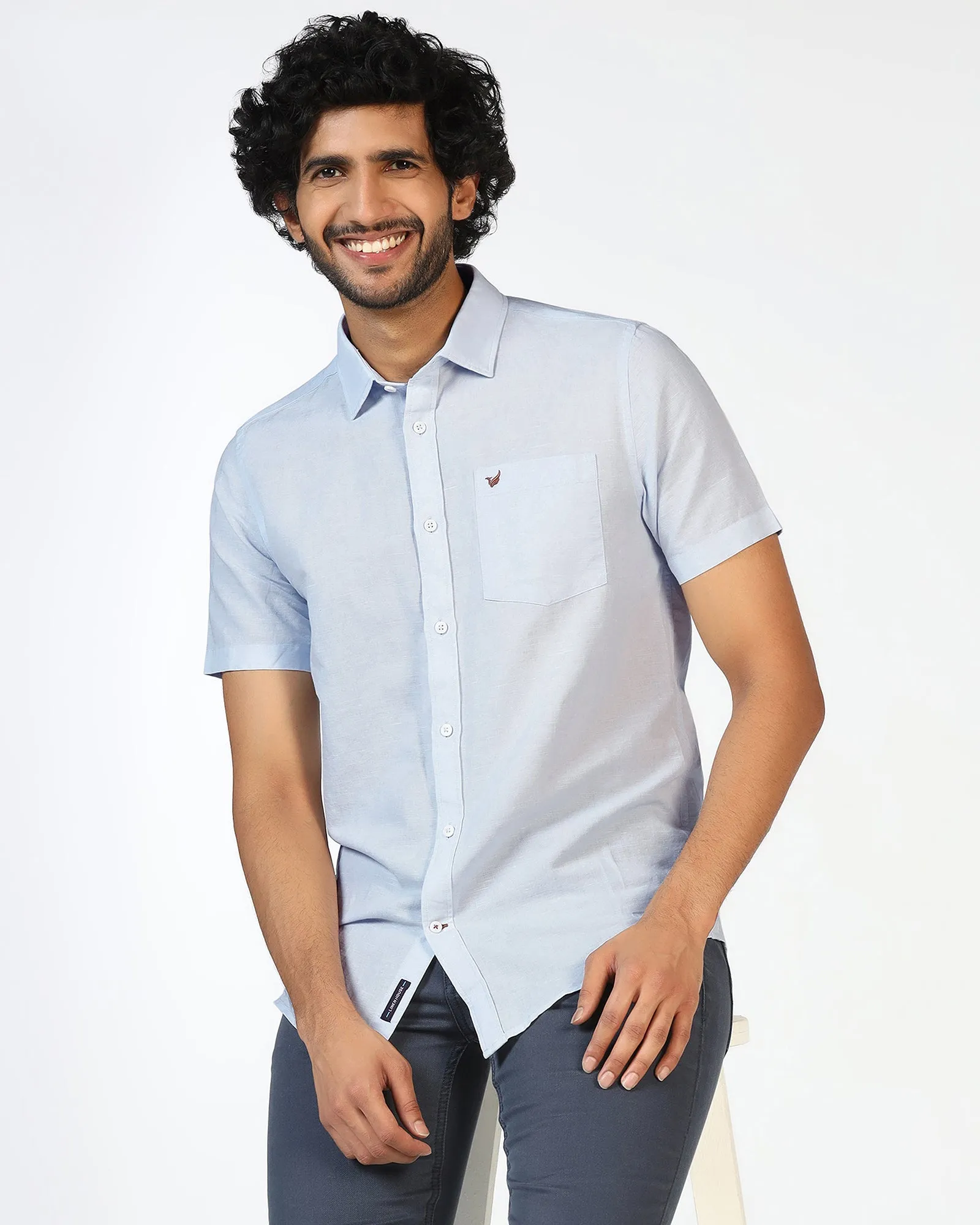 quick dry Sky Blue Half Sleeve Linen Solid Shirt - Salmon