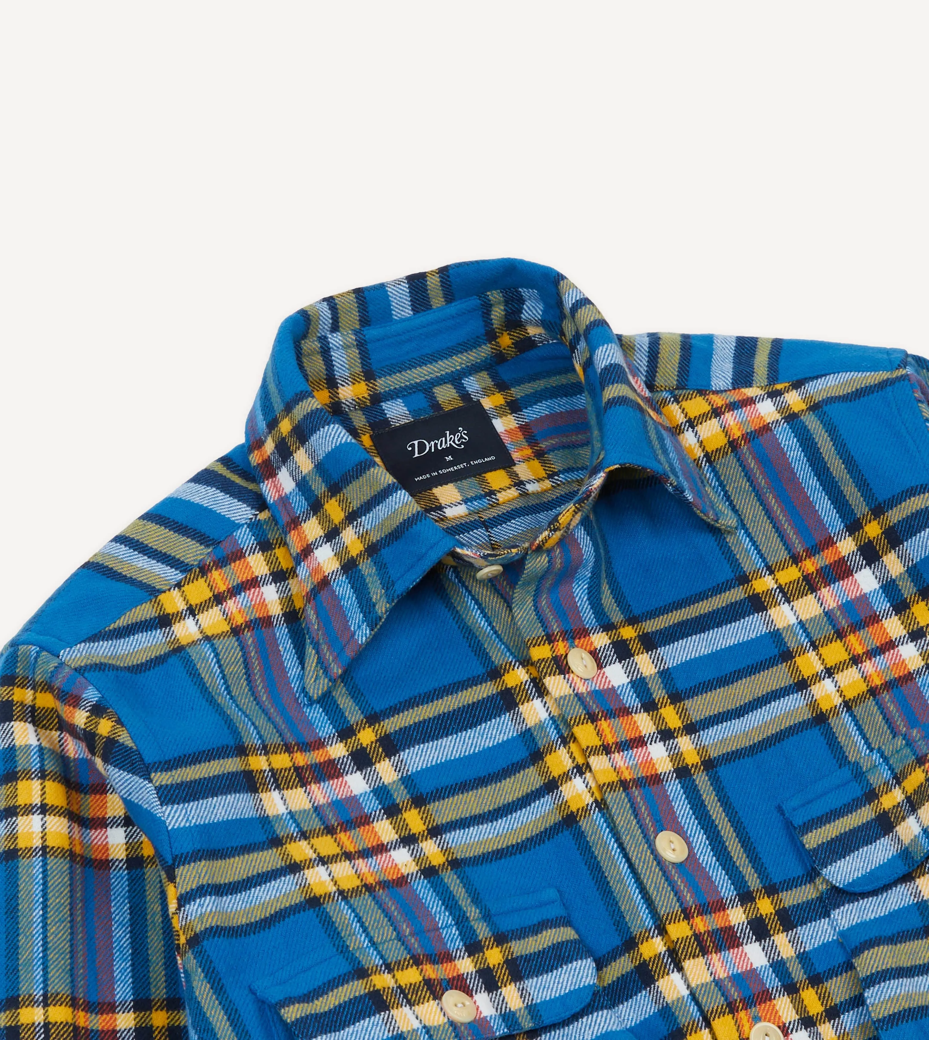 Eye-Catching Pattern Modern Fit Blue and Yellow Check Brushed Cotton Two-Pocket Work Shirt