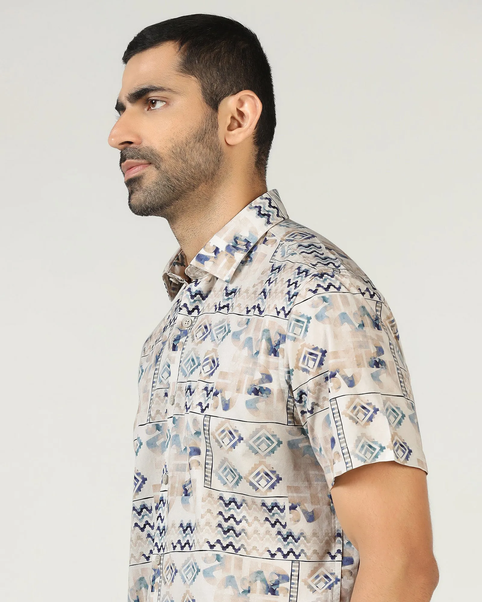 Beige Half Sleeve Printed Shirt - Ryne Raw edge