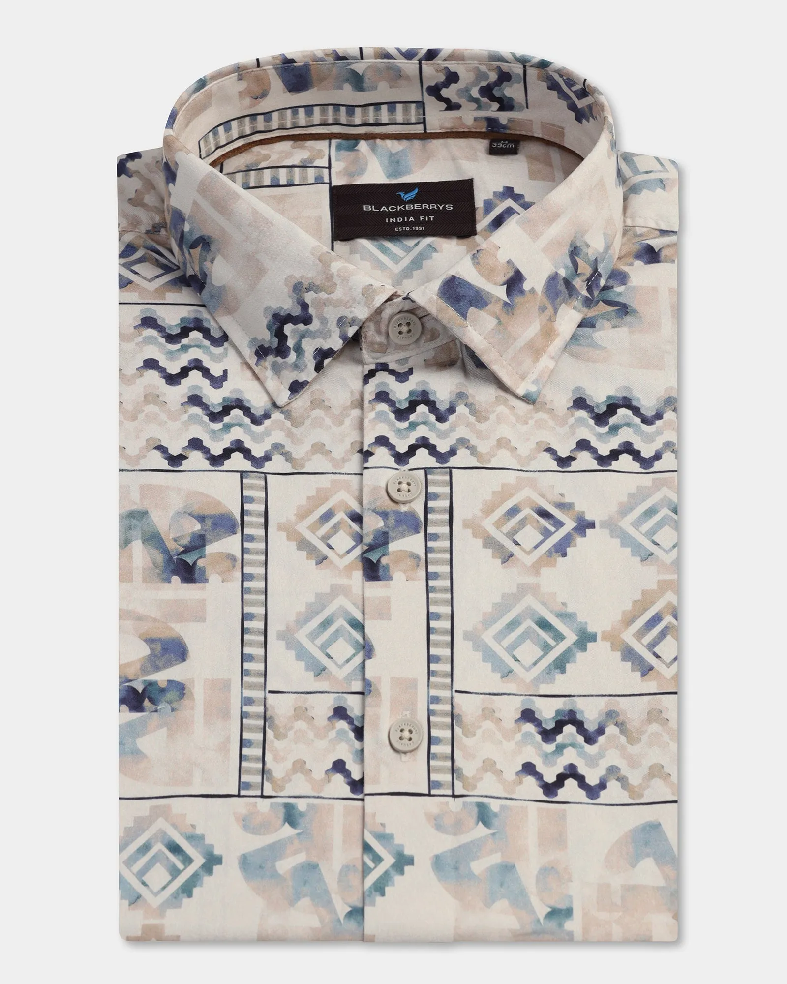 Beige Half Sleeve Printed Shirt - Ryne Odor Resistant Linen blend