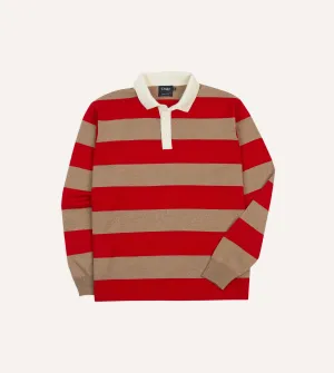 Red and Tan Block Stripe Knitted Rugby Shirt Reinforced Side Vents Loose Fit