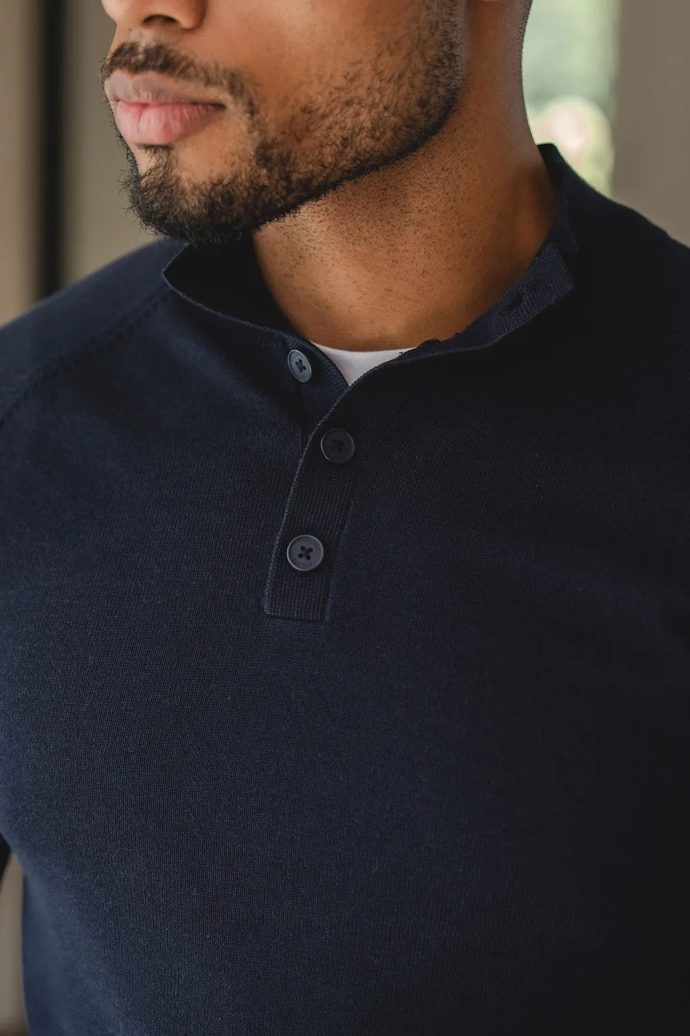 Casual Look Italian Flair Pure Cotton Knitted Button Neck Sweater in Navy