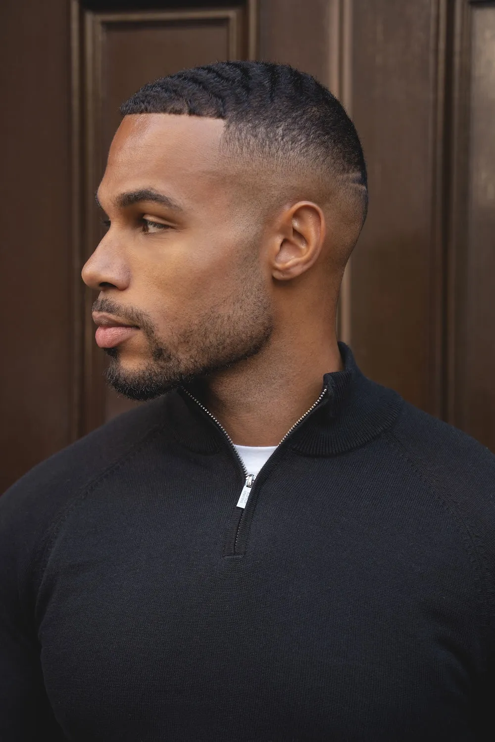 Pure Cotton Knitted Half Zip Neck Sweater in Black Street Glow