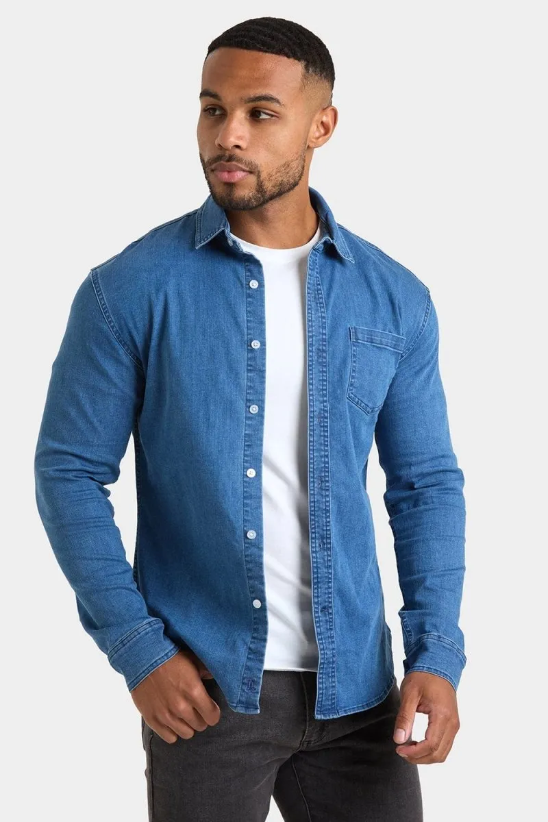 Denim Shirt in Mid Blue Reinforced Shoulders Hooded Option