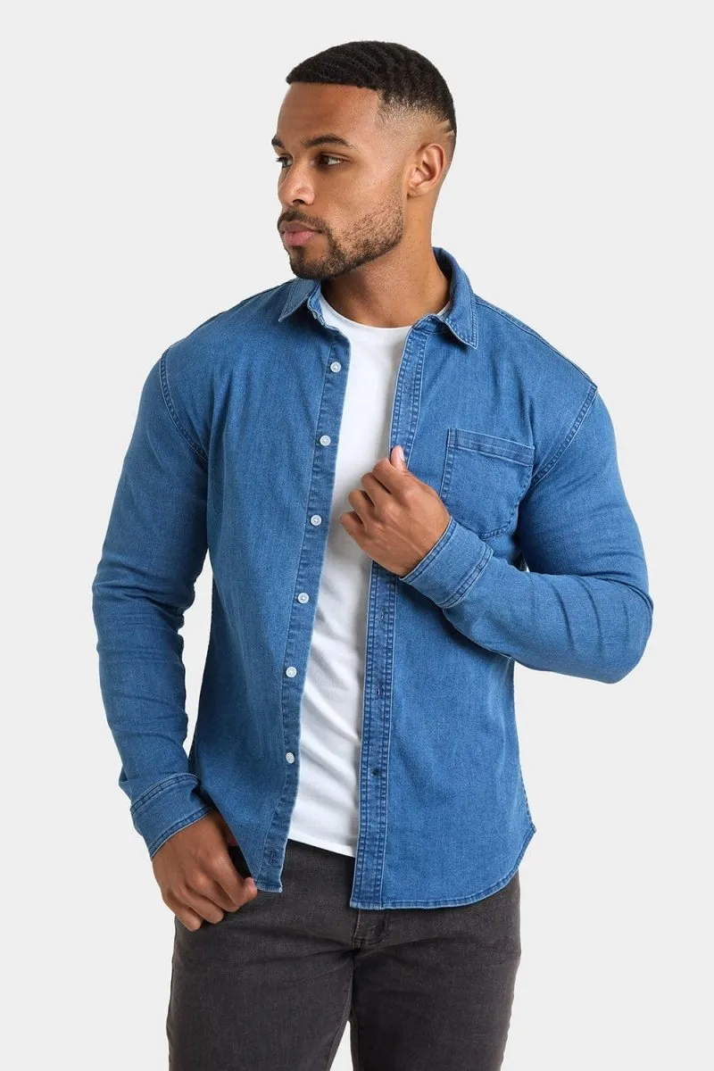 Modern Fit Denim Shirt in Mid Blue