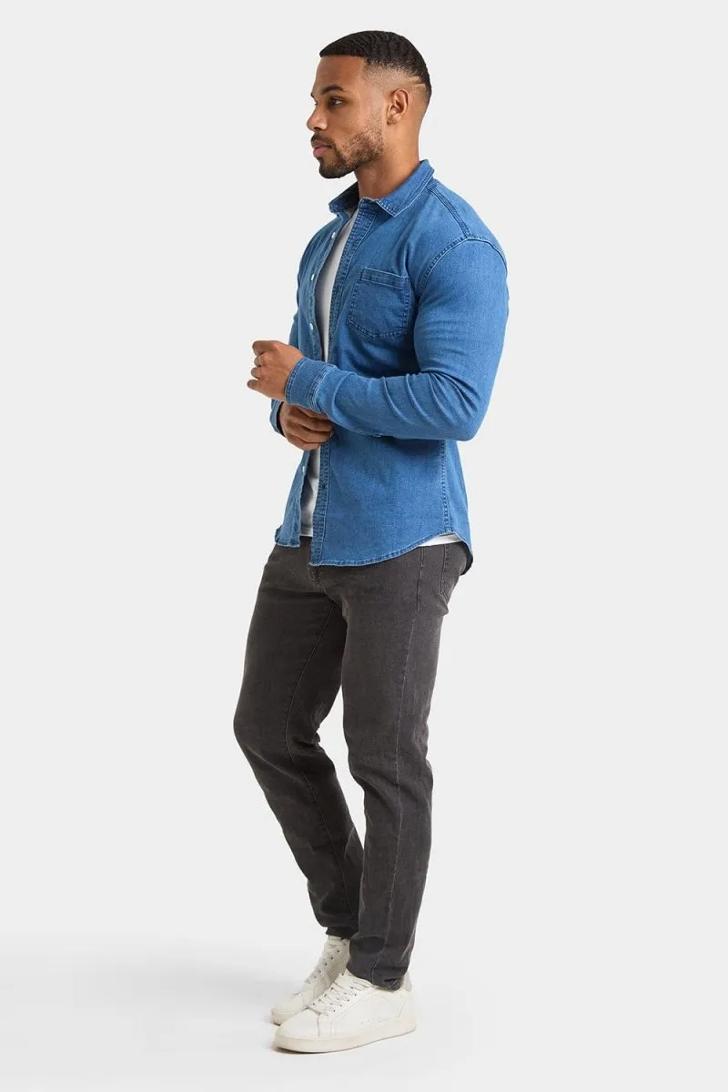 Denim Shirt in Mid Blue Athleisure Wear UV Protective Coating