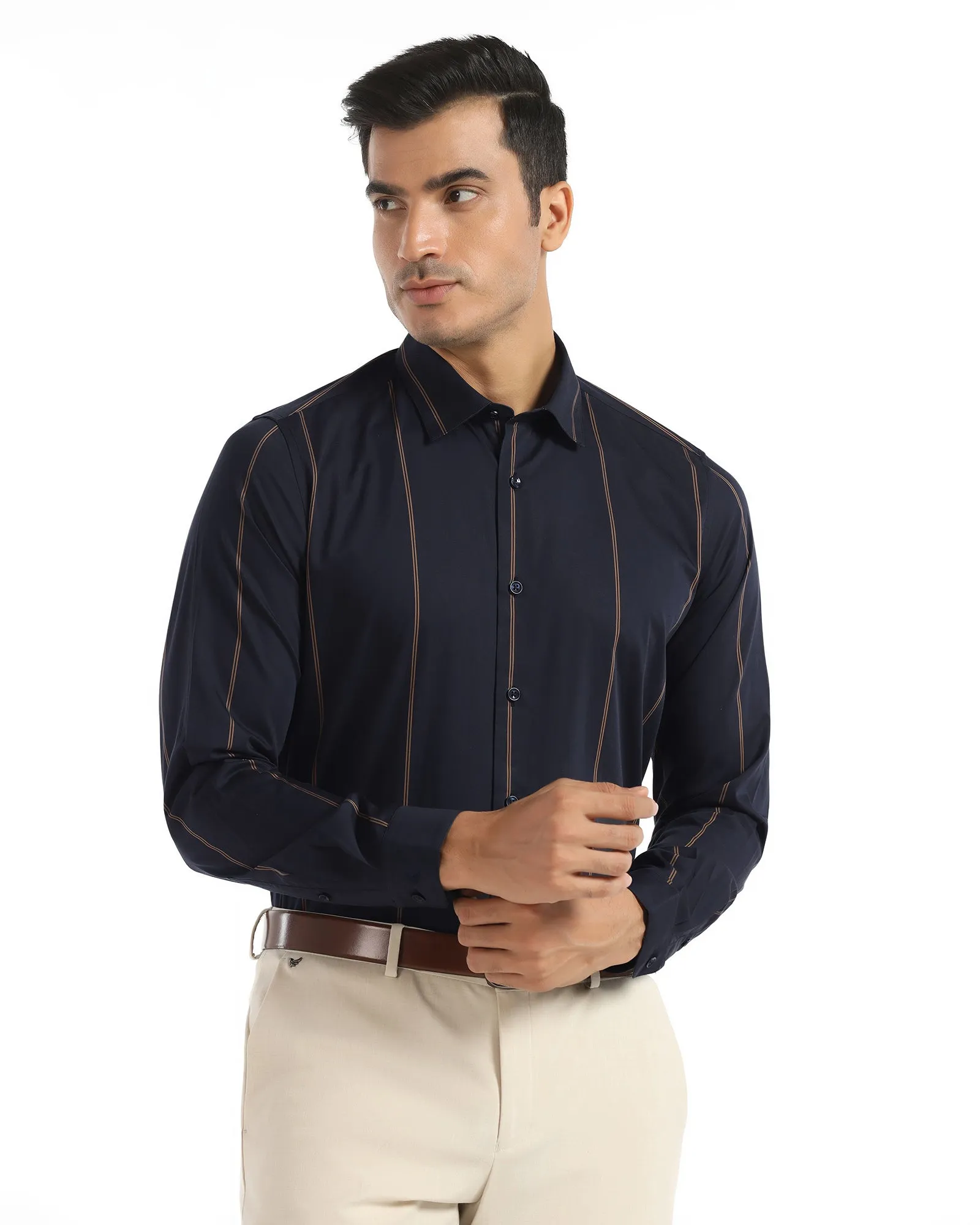 Formal Navy Stripe Shirt - Swing Asymmetrical Cut
