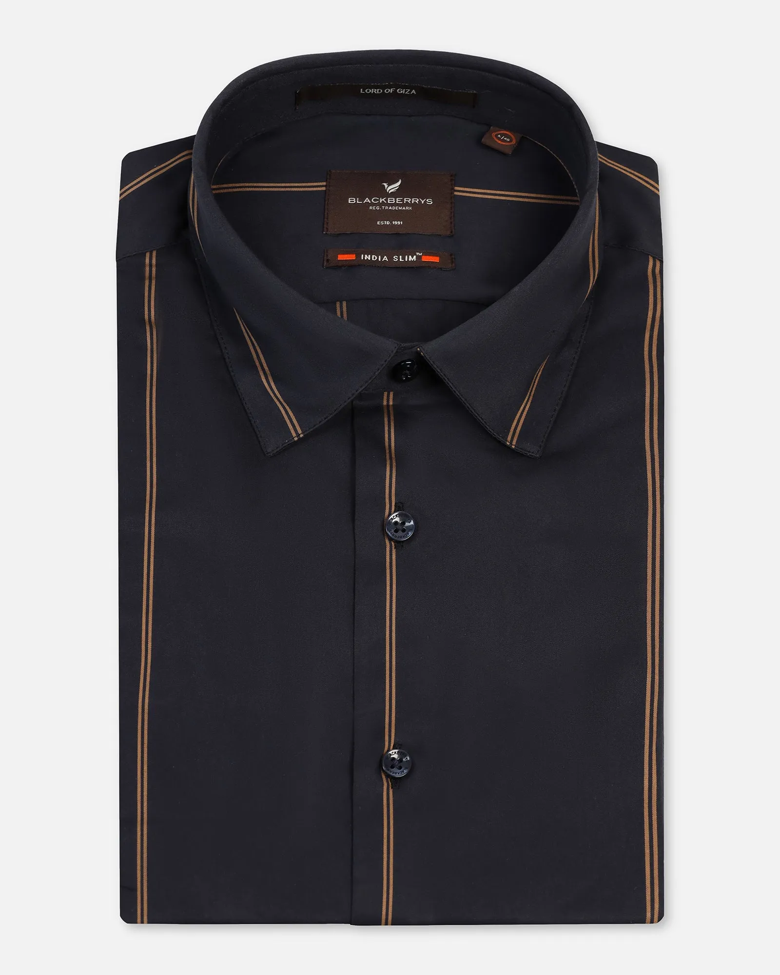 Formal Navy Stripe Shirt - Swing Anti Static Fabric High Neck