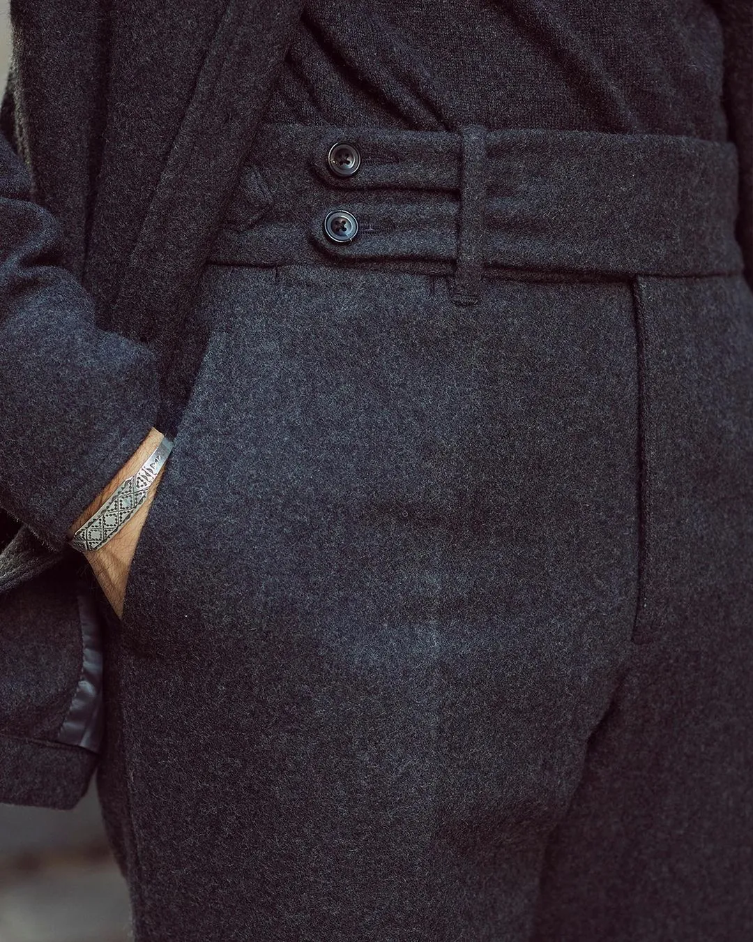 Charcoal Grey Wool Flannel High Rise Double Tab Pant Essential Look