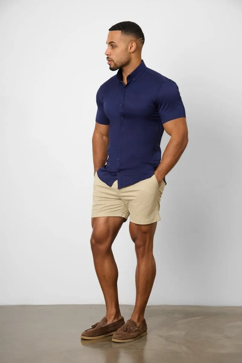 Athletic Fit Short Sleeve Signature Shirt in French Navy Unique Design