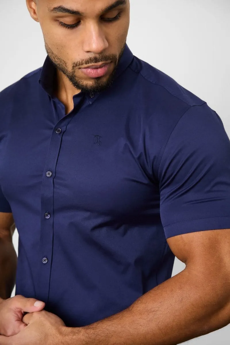 Trendy Vibes Sustainable Material Athletic Fit Short Sleeve Signature Shirt in French Navy
