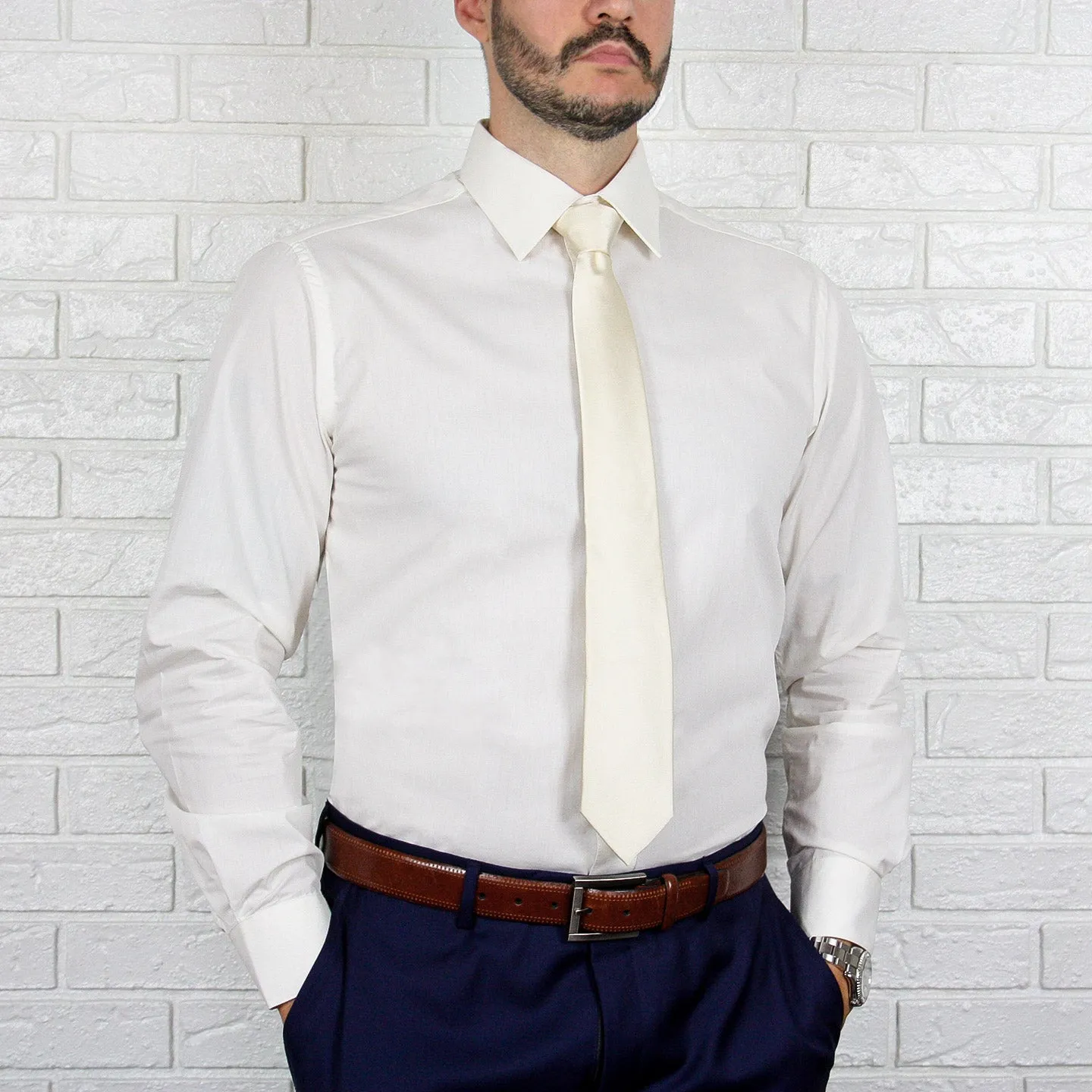 ARTURO Slim Fit Long Sleeve Ivory Dress Shirt Oversized style