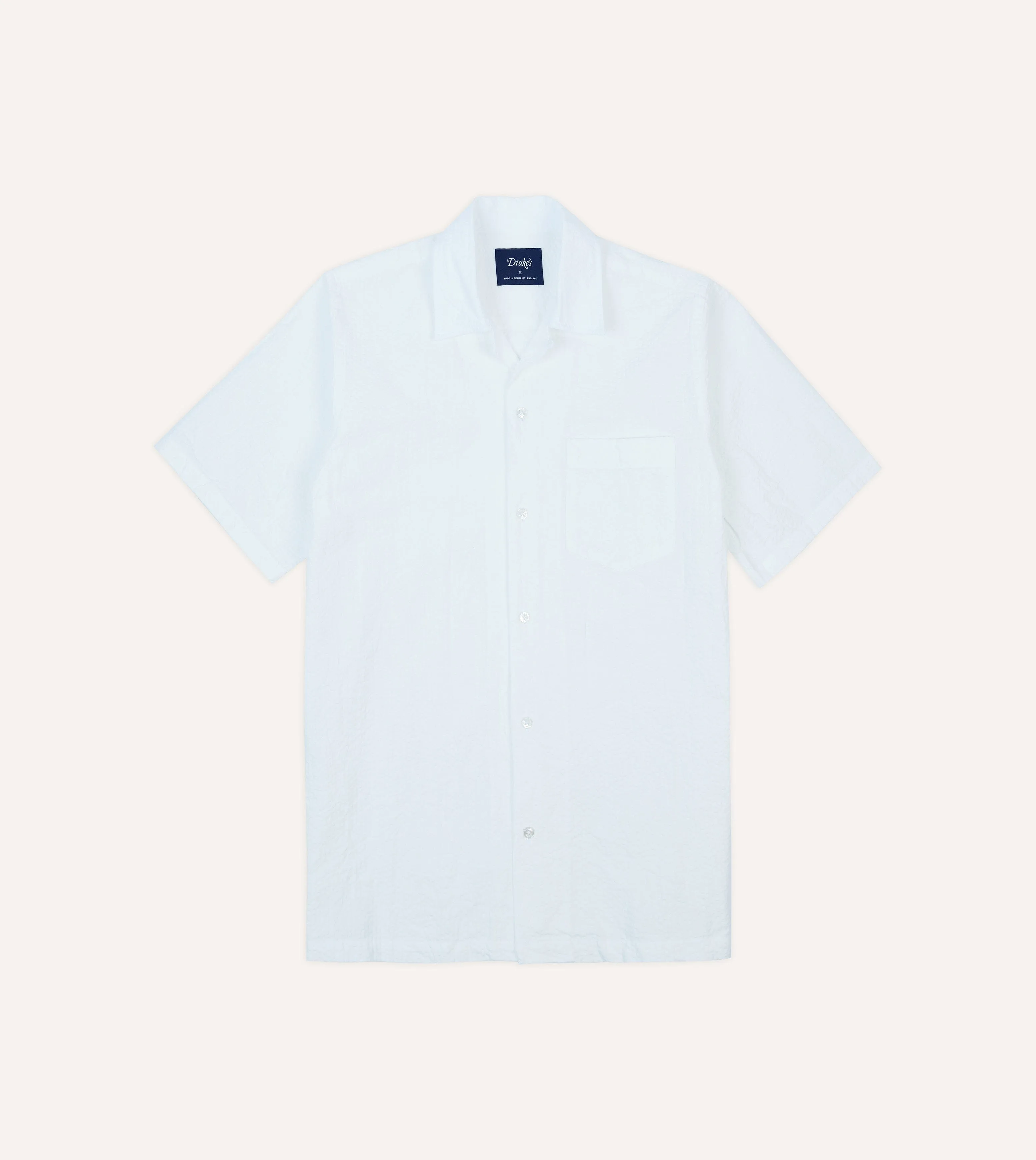 Reinforced Buttonholes White Cotton-Linen Seersucker Camp Collar Short Sleeve Shirt