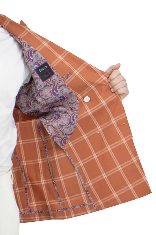 Waterproof Technology LaserCut Vents Tiglio Luxe Burnt Orange With Off White Windowpane Santorini /THP Slim Fit Half Lined, Pure Wool Jacket TL2632