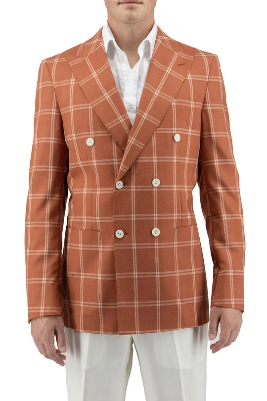 Tiglio Luxe Burnt Orange With Off White Windowpane Santorini /THP Slim Fit Half Lined, Pure Wool Jacket TL2632 Cool Tone