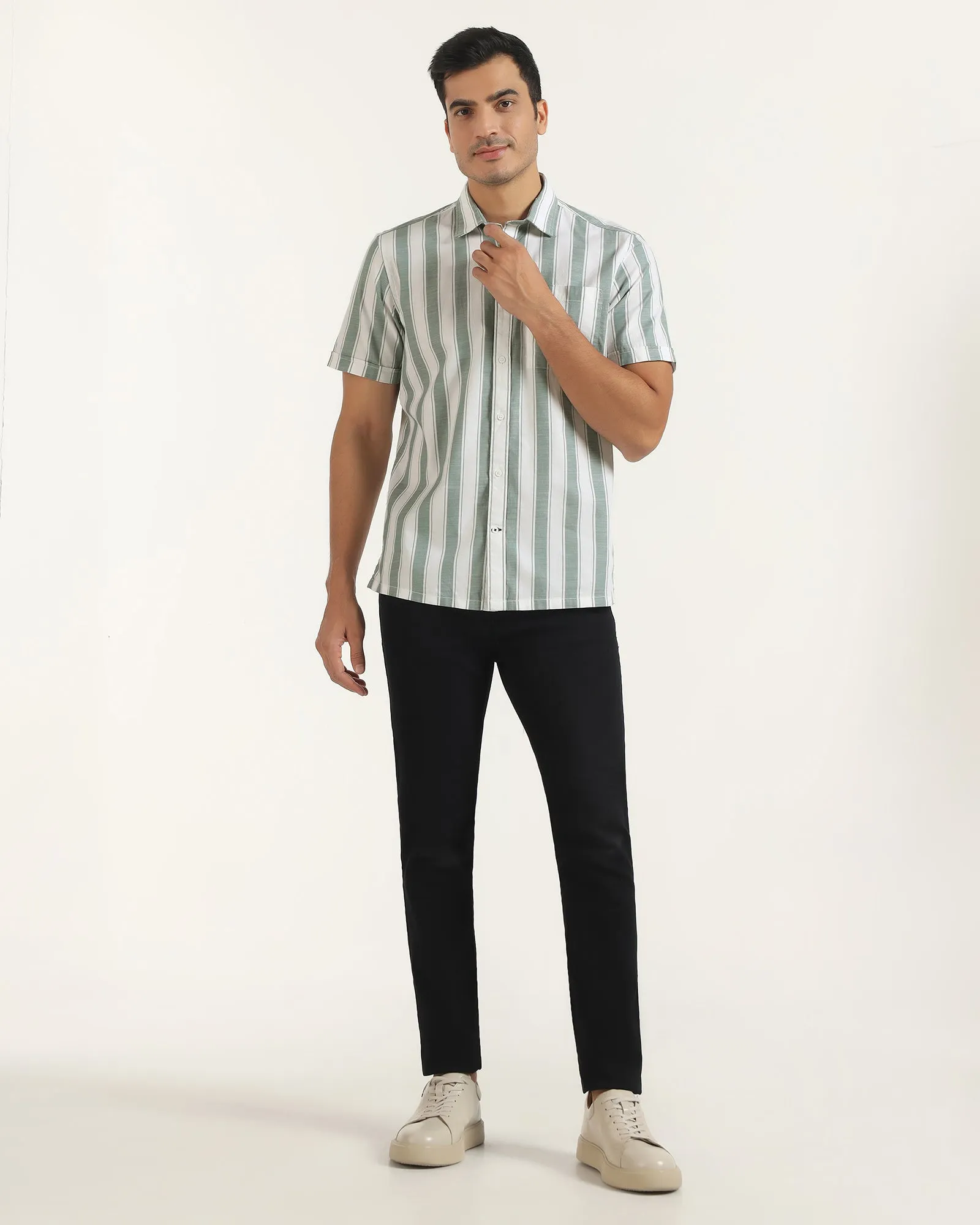 Casual Half Sleeve Green Stripe Shirt - Delmor Rugged Style Petite Option