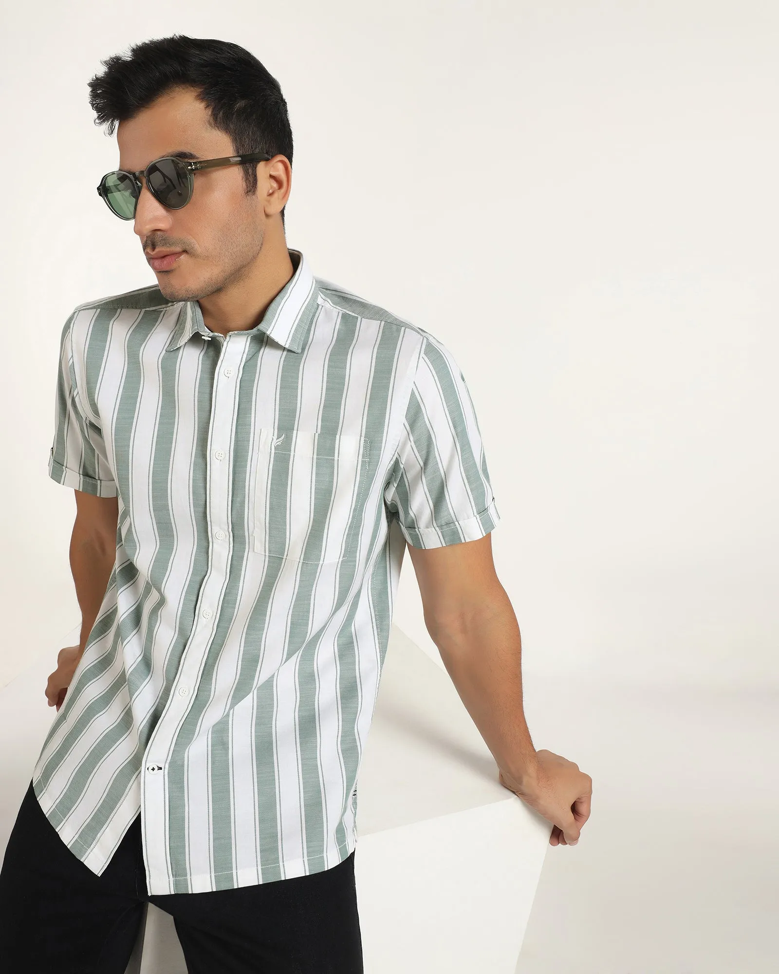 Casual Half Sleeve Green Stripe Shirt - Delmor Everyday Essential