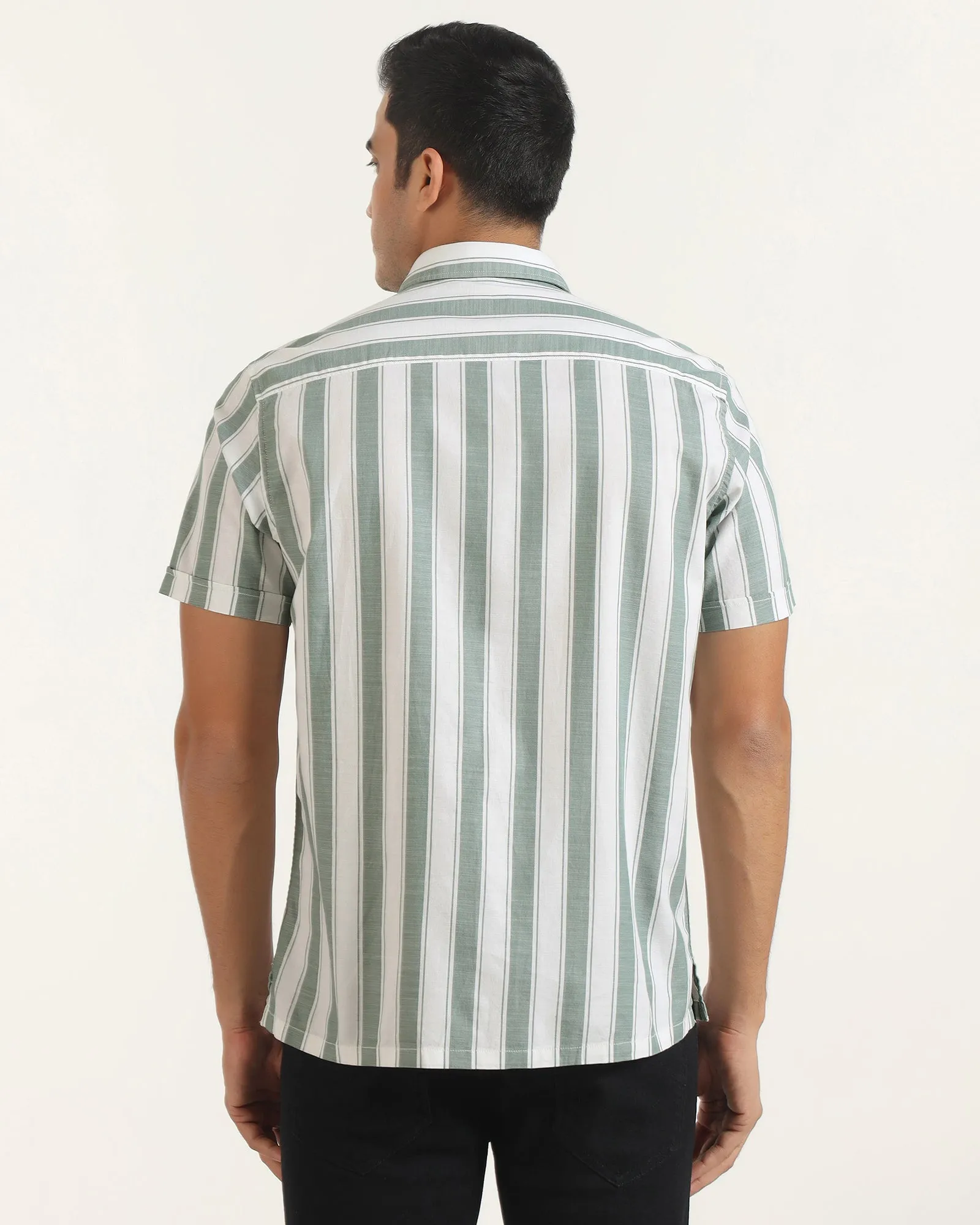 High-End Fabric Outerwear Companion Casual Half Sleeve Green Stripe Shirt - Delmor