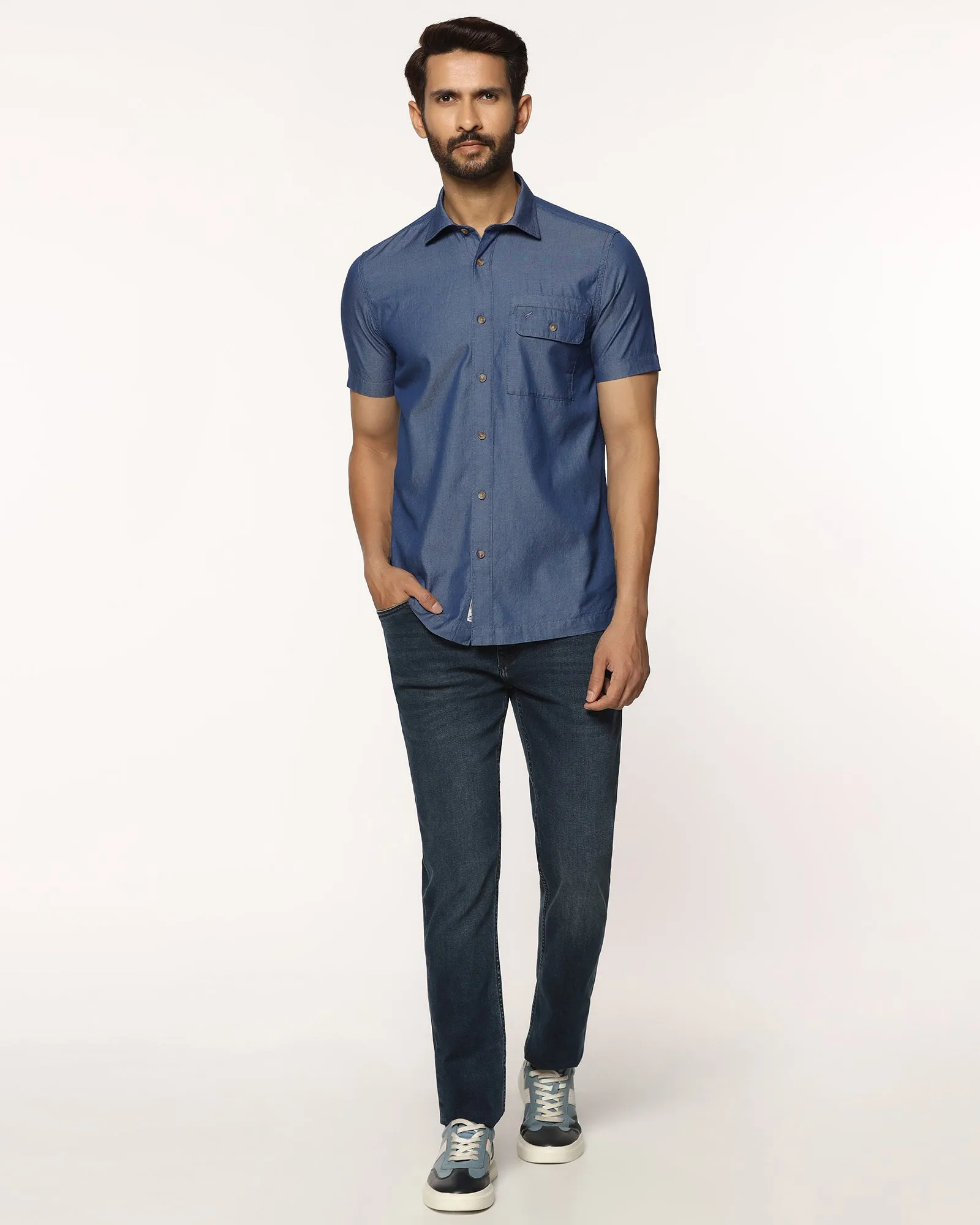 Casual Half Sleeve Indigo Solid Shirt - Mylo Gym Companion