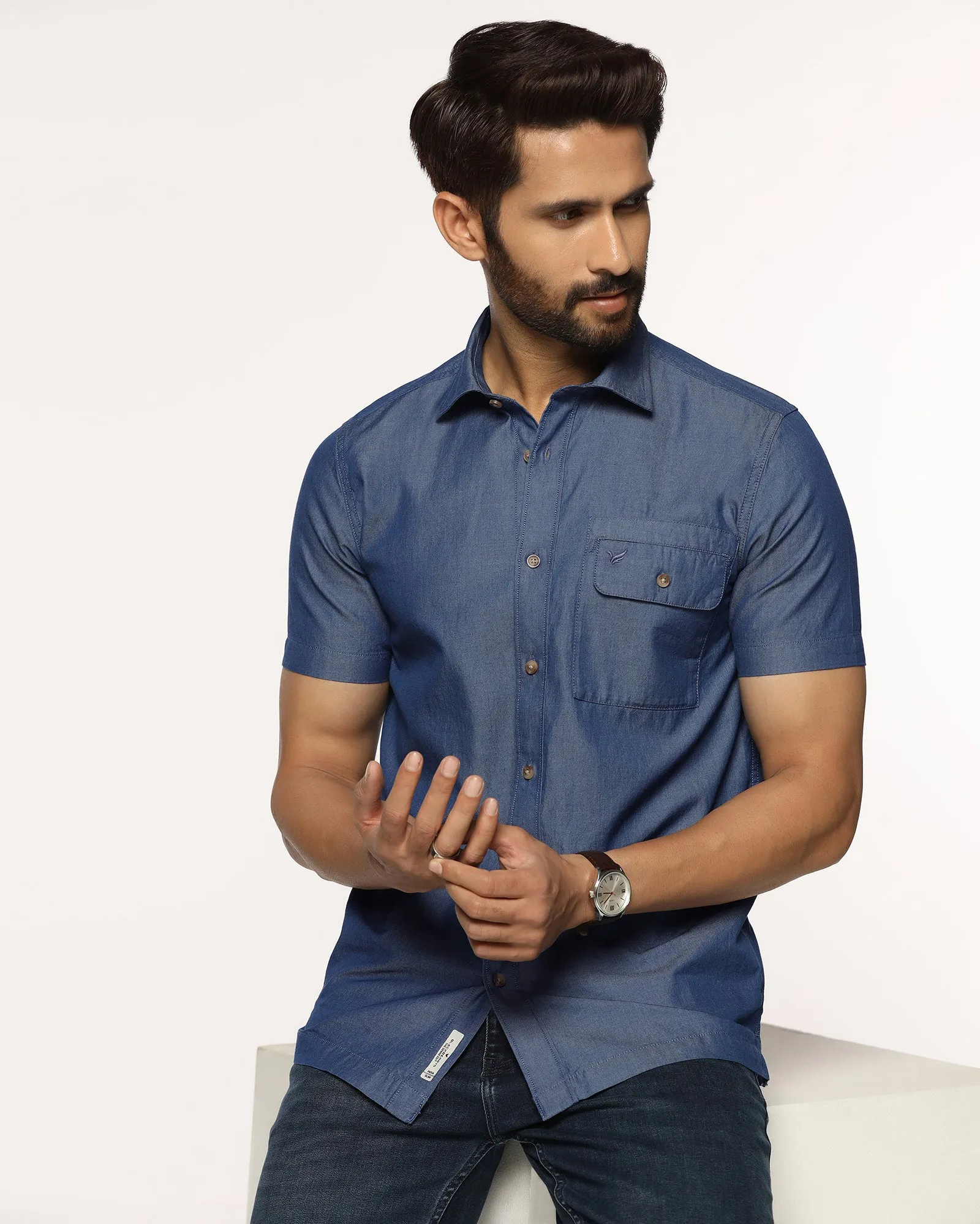 Everyday Essential Travel Friendly Casual Half Sleeve Indigo Solid Shirt - Mylo