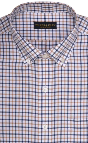 Wilkes and Riley Classic Fit Button Down Dress Shirt in Tan/ Navy Twill Check-Big & Tall Sizes Anniversary Special