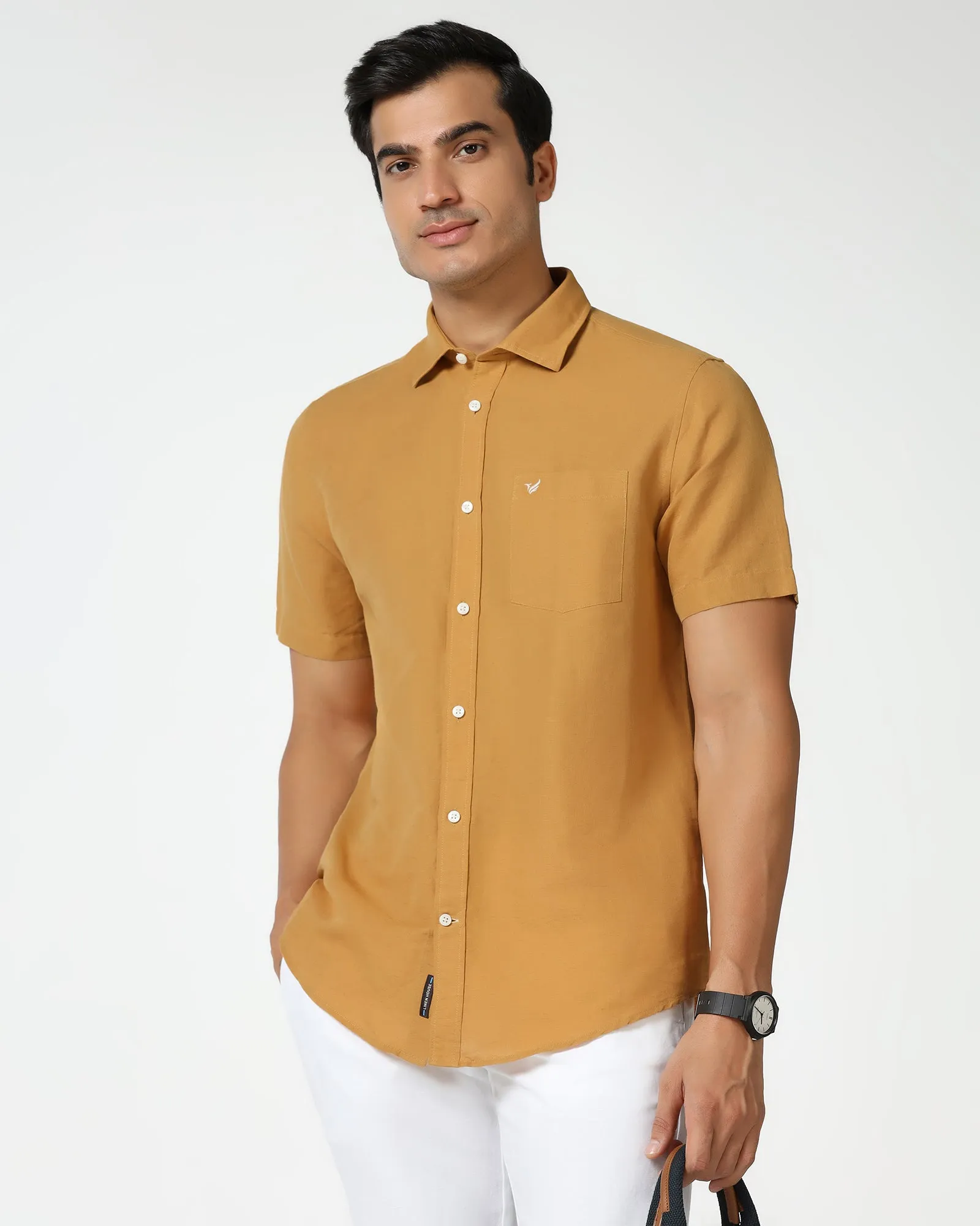 Yellow Half Sleeve Linen Solid Shirt - Salmon Classic Collar