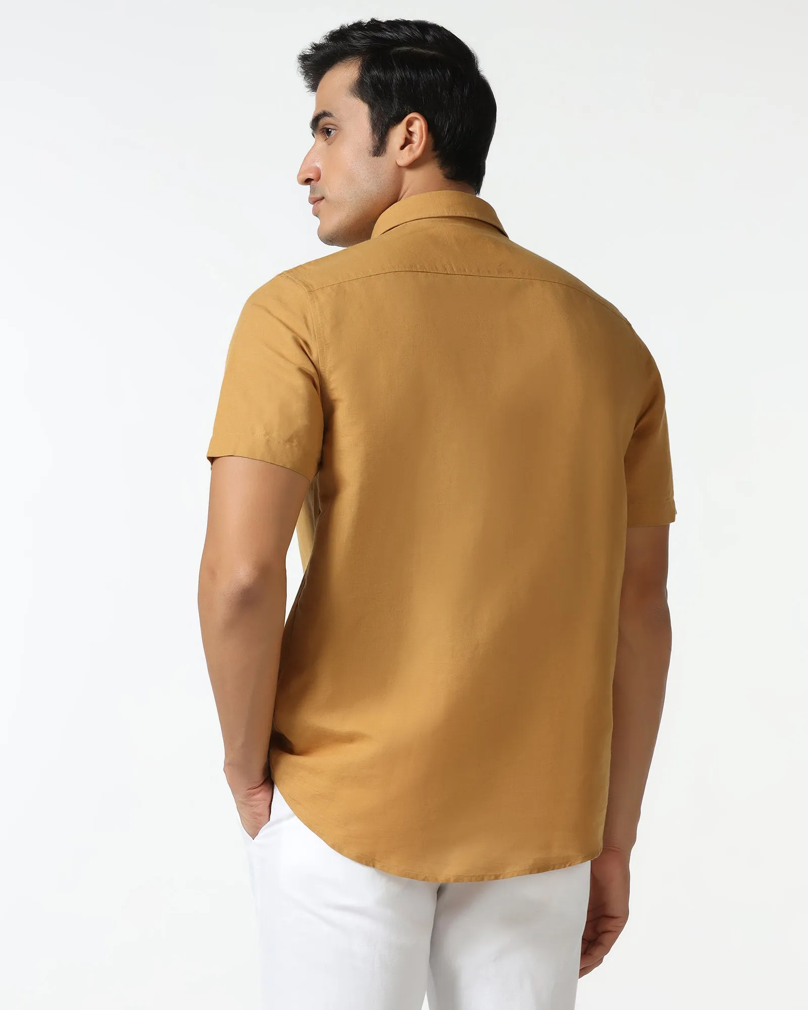 Yellow Half Sleeve Linen Solid Shirt - Salmon Graduation Attire Professional Look