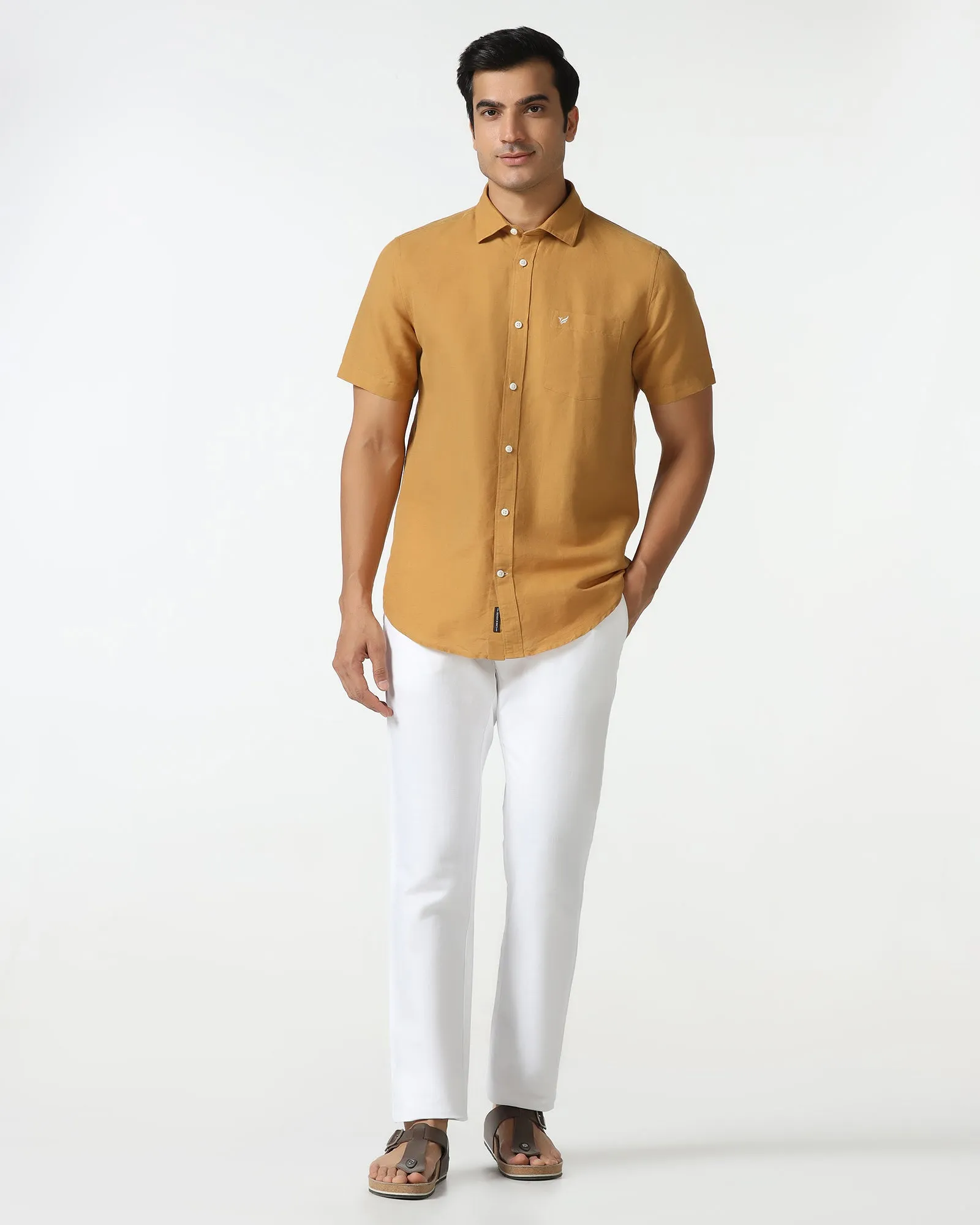 Stretch Fit Technology Yellow Half Sleeve Linen Solid Shirt - Salmon