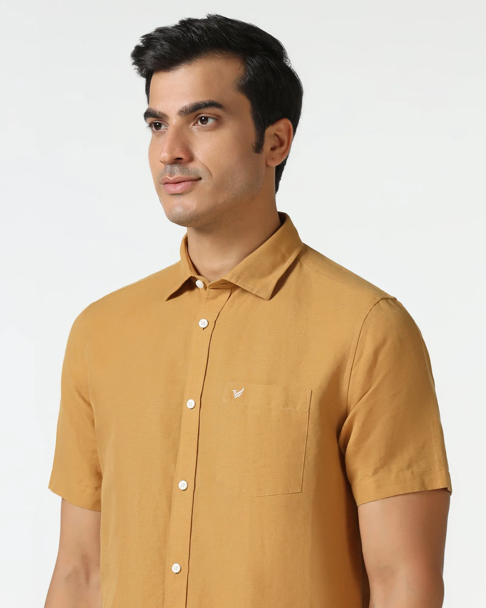 Yellow Half Sleeve Linen Solid Shirt - Salmon Unisex style