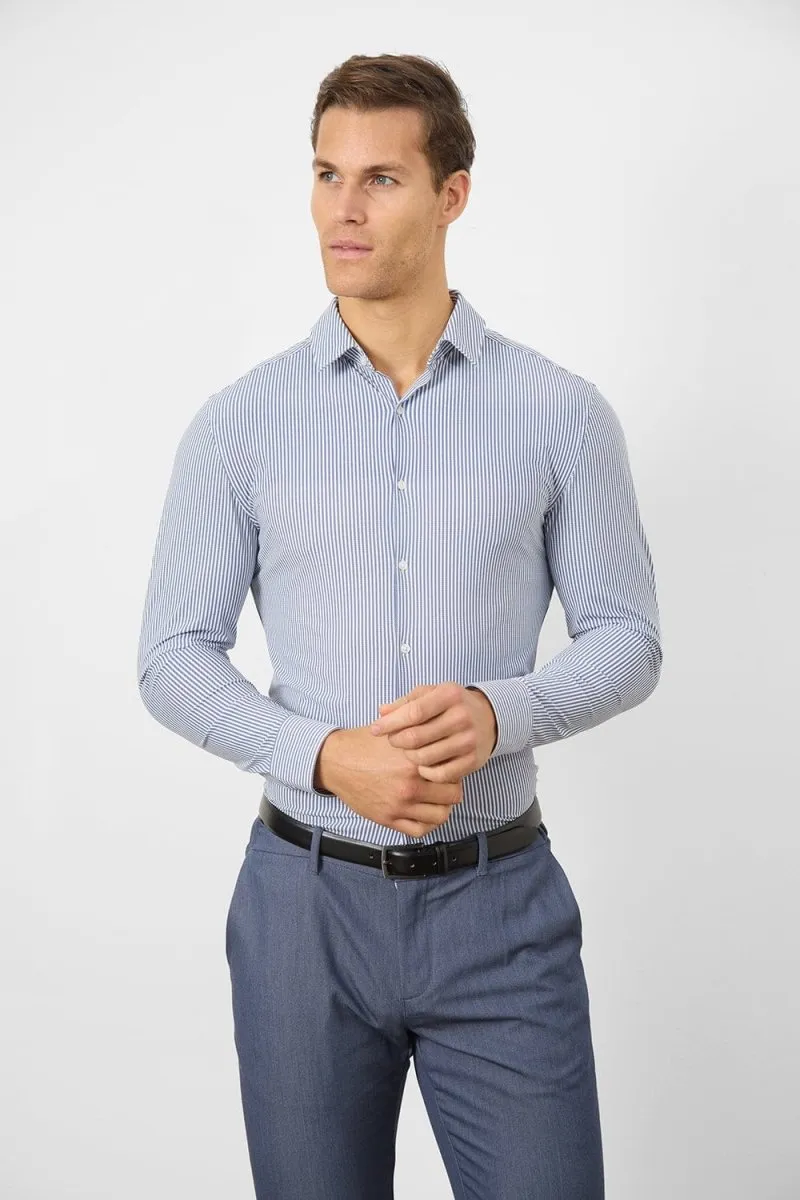 Linen blend Striped Stretch Formal Shirt in Navy