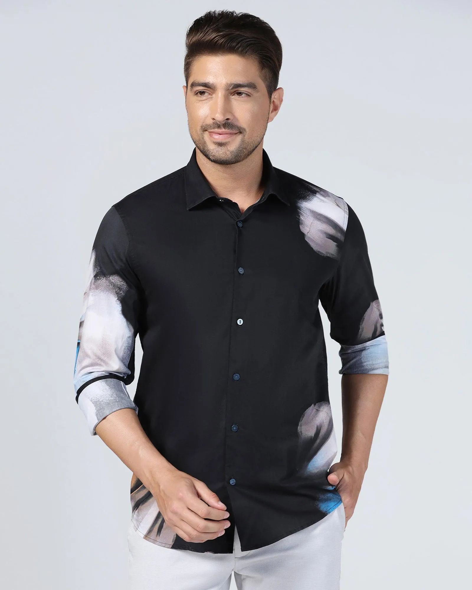 Casual Black Printed Shirt - Santo Thermoregulating Fabric Flexible Mobility