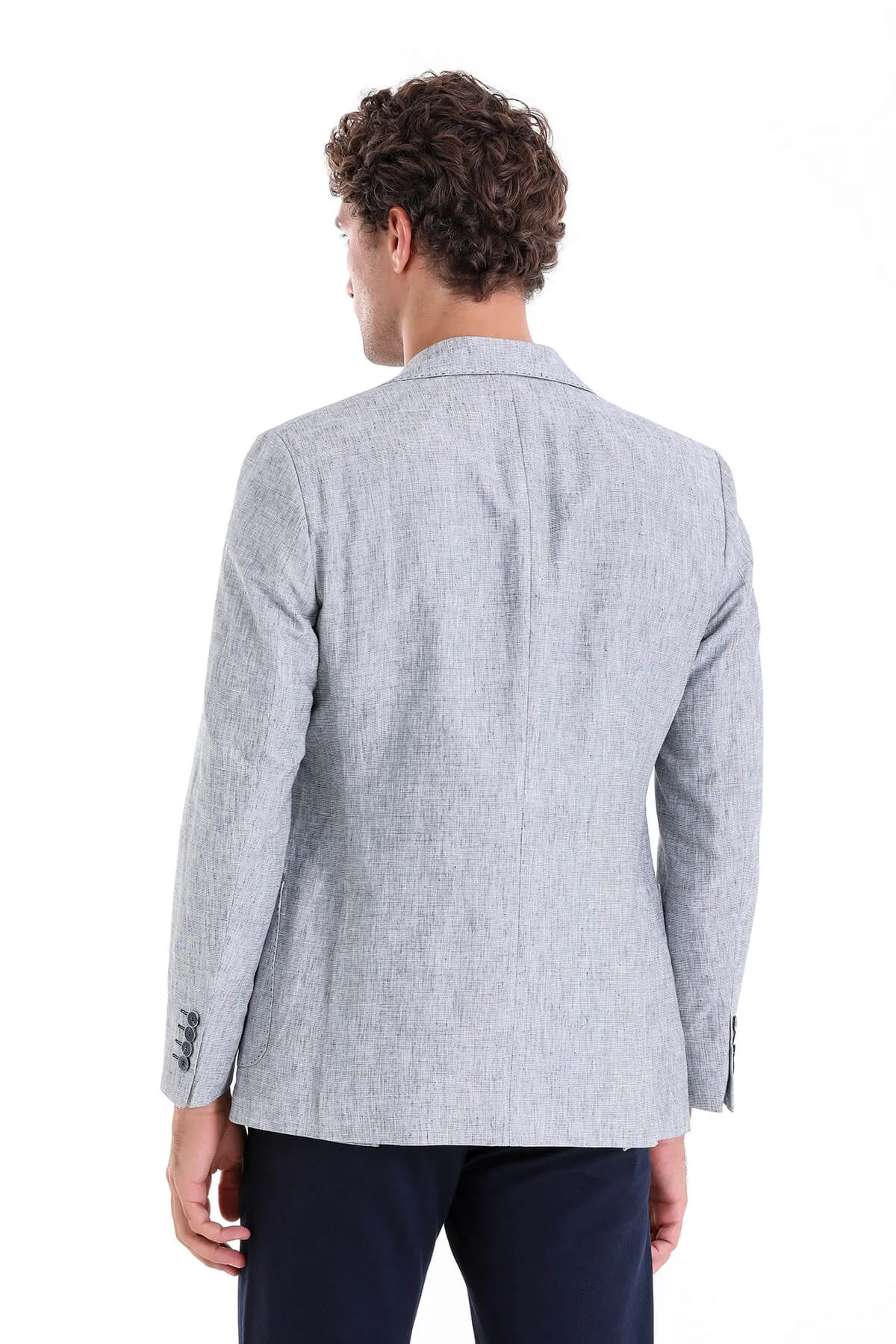 Slim Fit Notch Lapel Light Blue Linen Casual Blazer Roll Up Storage Design