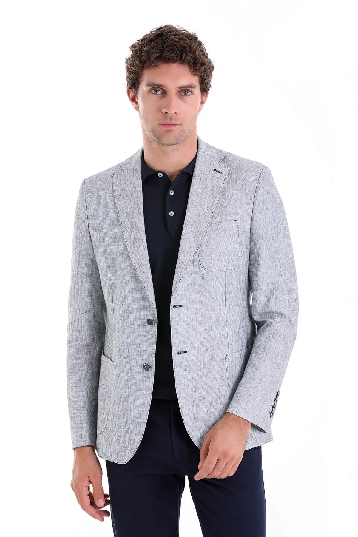 Weekday Street Look Slim Fit Notch Lapel Light Blue Linen Casual Blazer