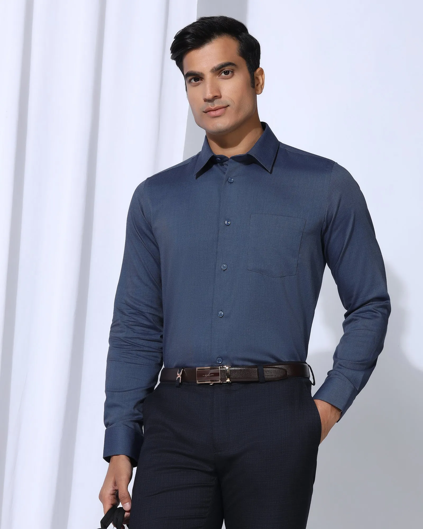 Non Iron Formal Navy Textured Shirt - Vlog Flexible Movement