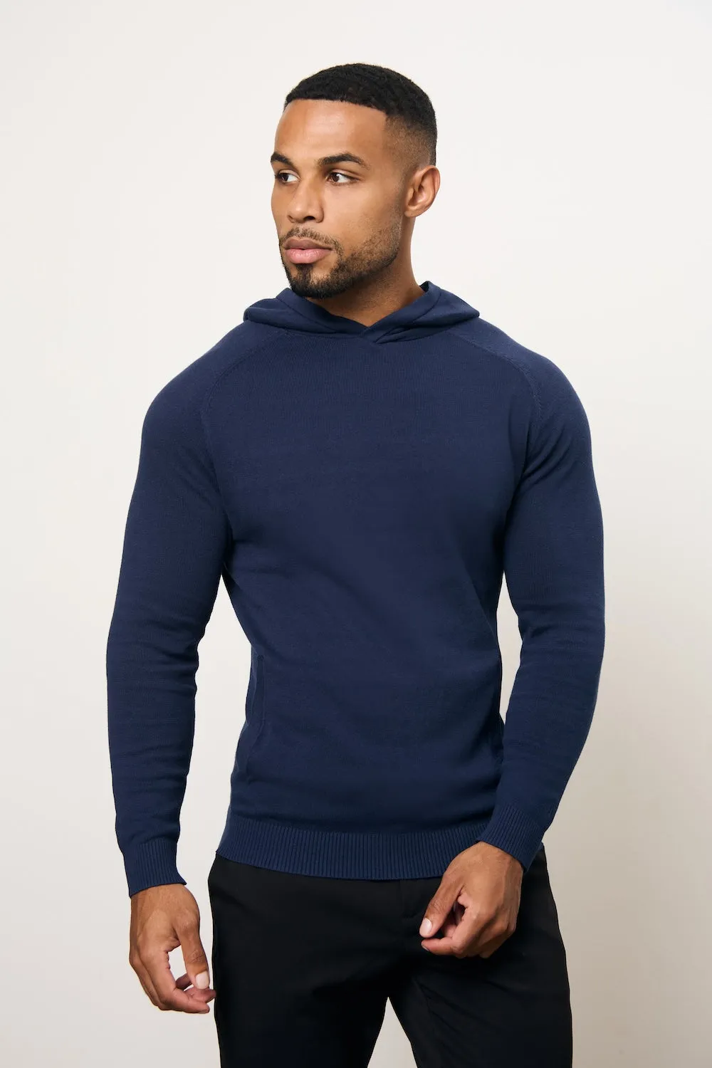 Pure Cotton Knitted Hoodie in Navy Chic Fit Business Attire