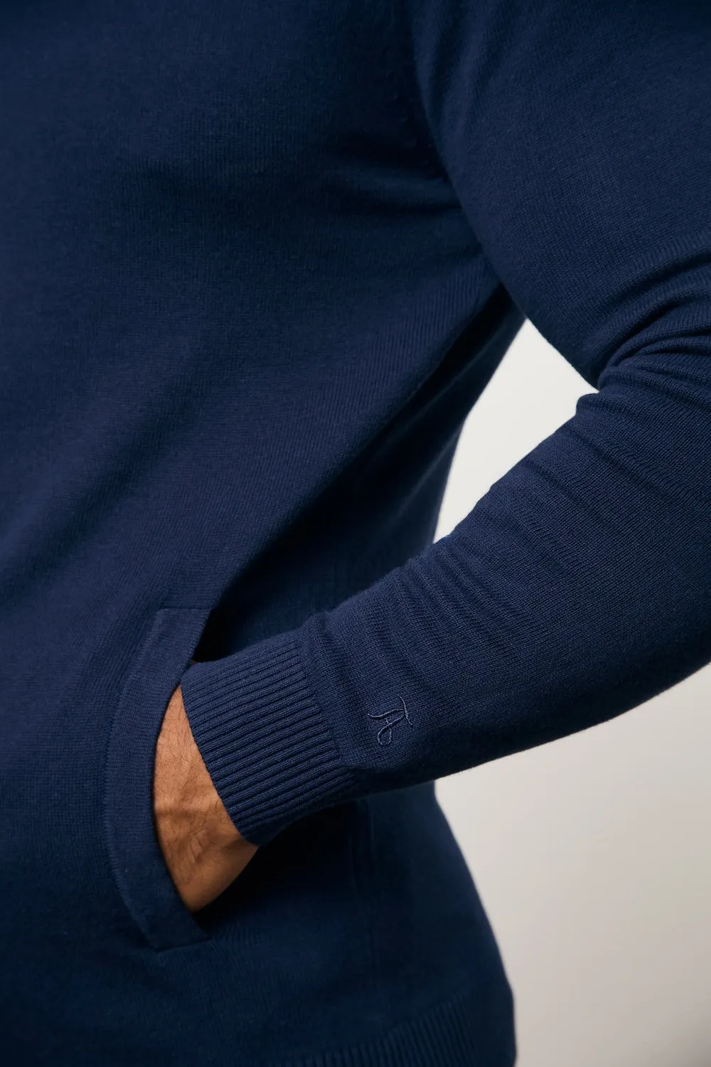 Pure Cotton Knitted Hoodie in Navy Reinforced Stress Points