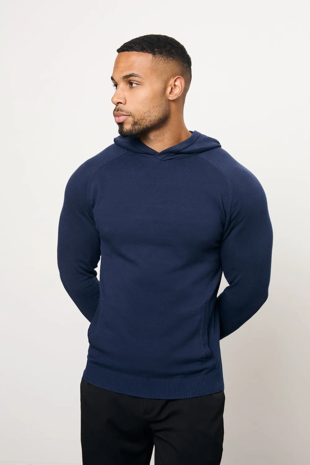 Pure Cotton Knitted Hoodie in Navy StretchFit