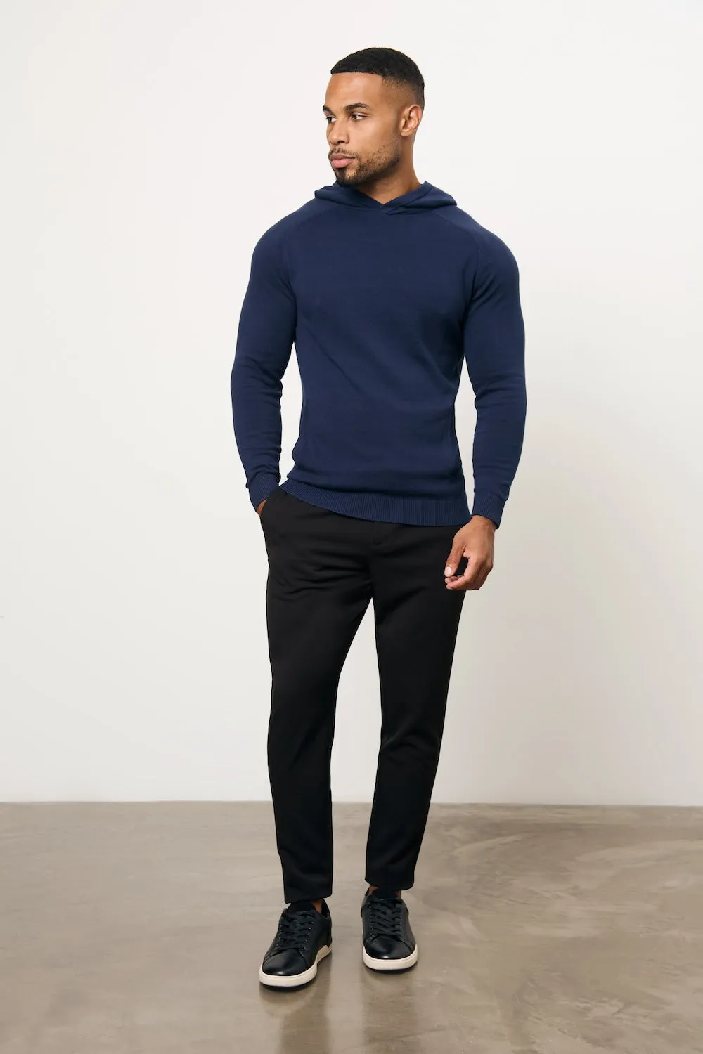 Pure Cotton Knitted Hoodie in Navy Foldable Hem OdorControl Technology