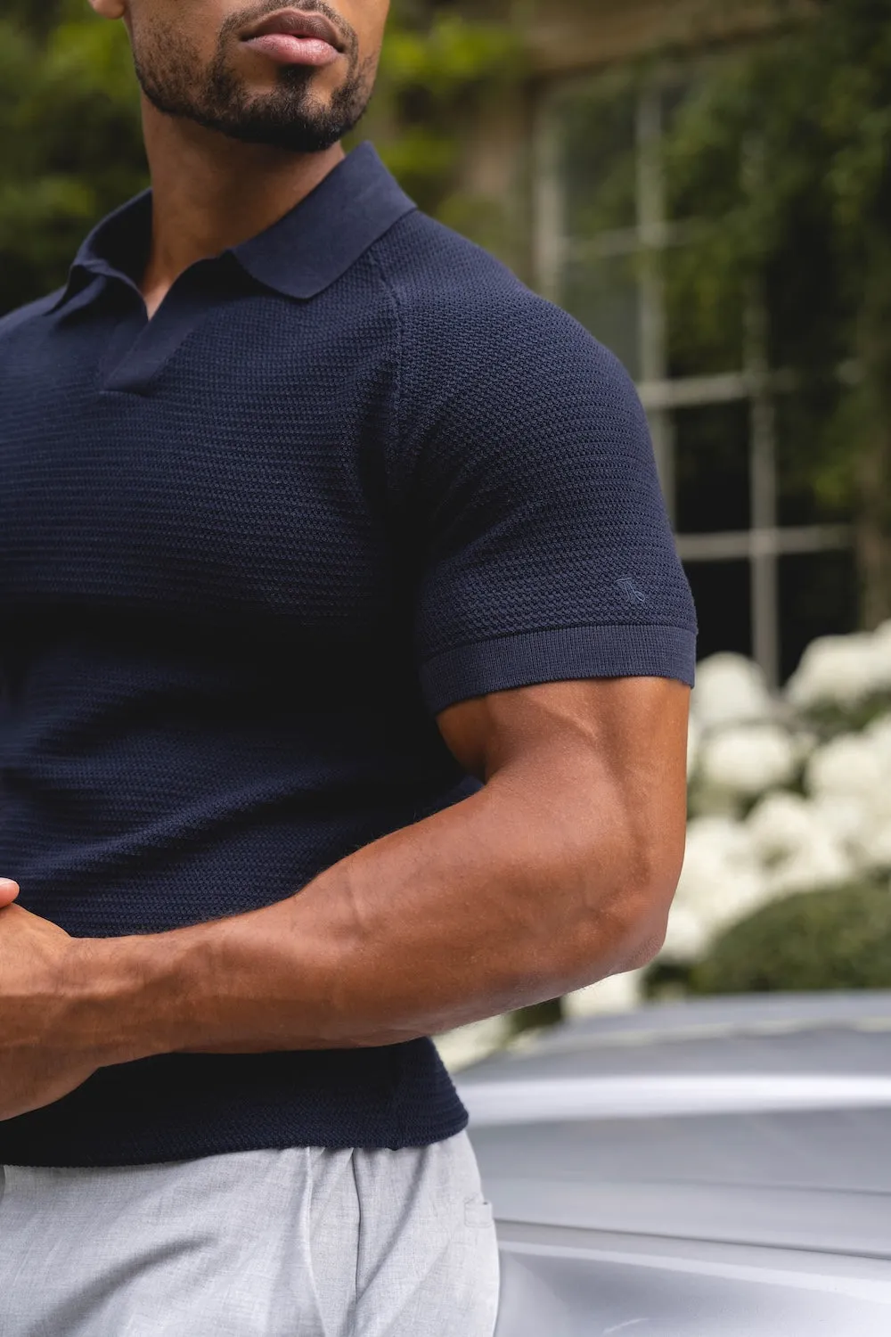 Textured Knitted Open Collar Polo Shirt in Navy Relaxed Style