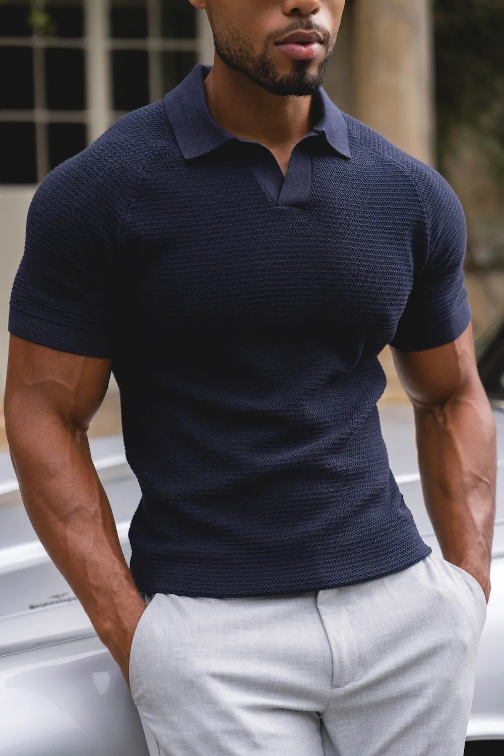 Fashion Comfort DoubleLayered Fabric Textured Knitted Open Collar Polo Shirt in Navy